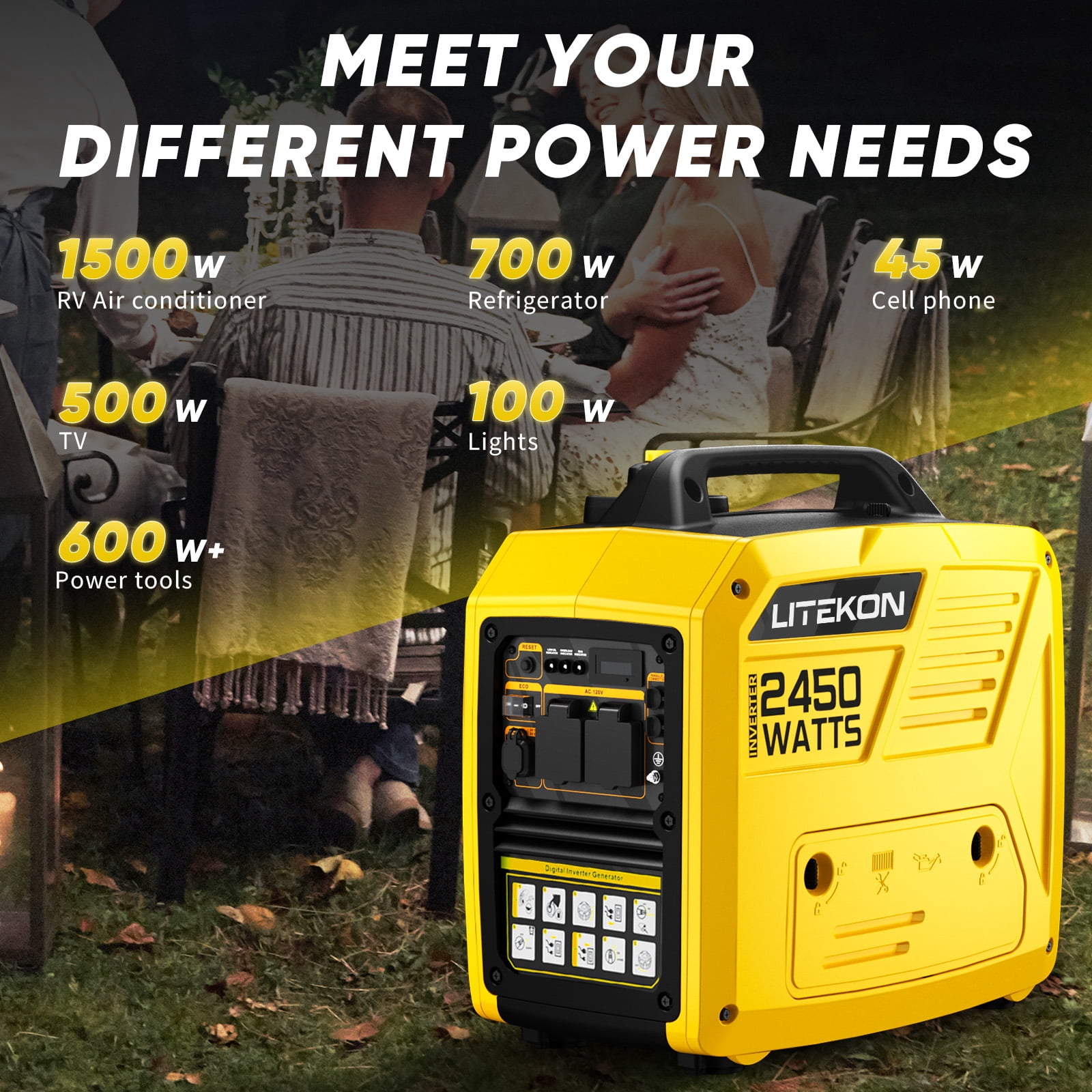 Rvchic 2450-Watt Portable Inverter Generator, Gas Powered Quiet Power Station for Camping and Home Backup (Yellow, 38.97 lb) mdggw