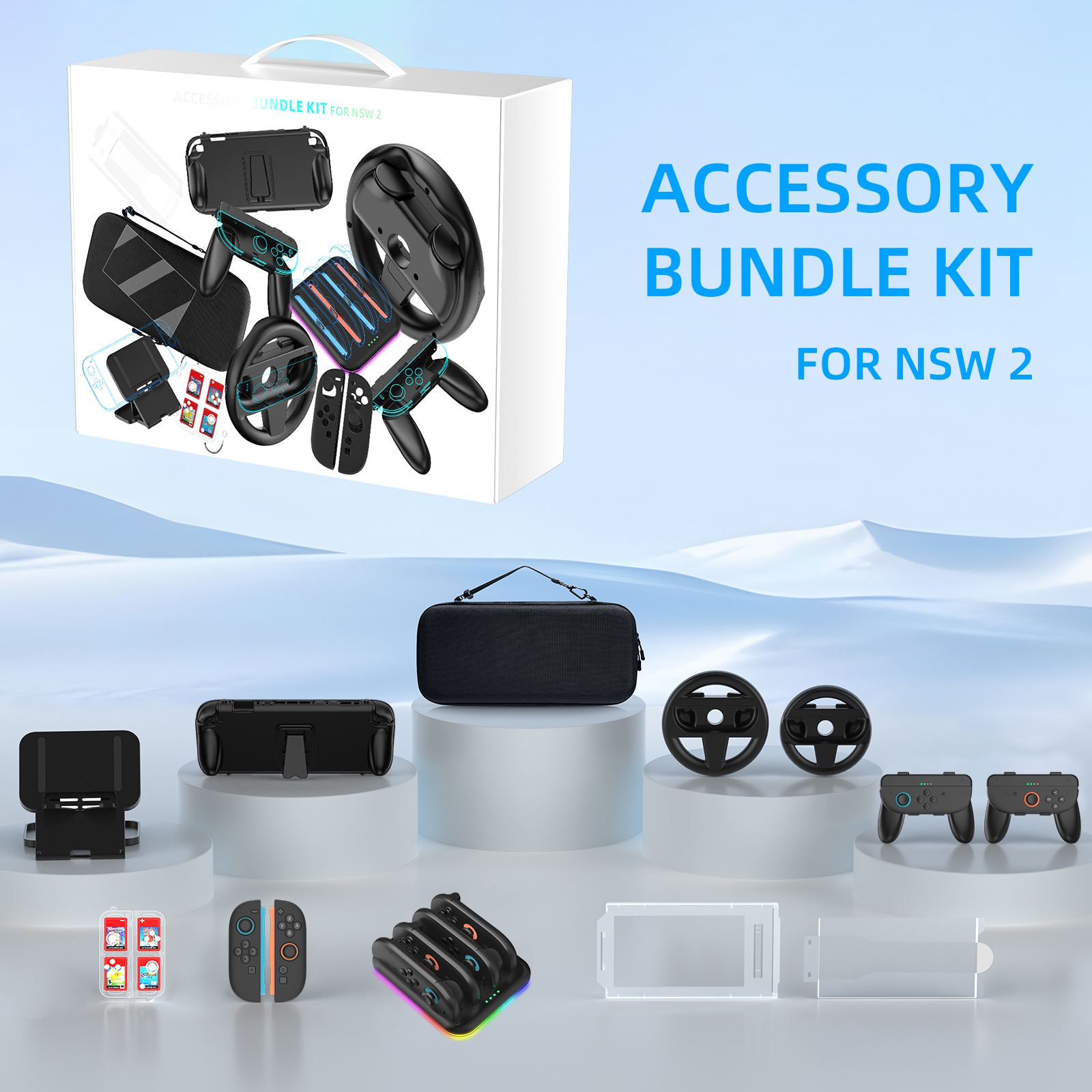 Prociv Accessory Bundle Kit for Nintendo Switch 2, Portable Carrying Case with Charging Dock, Grips, and Screen Protector (Black, 10-Piece Set) fl2xs