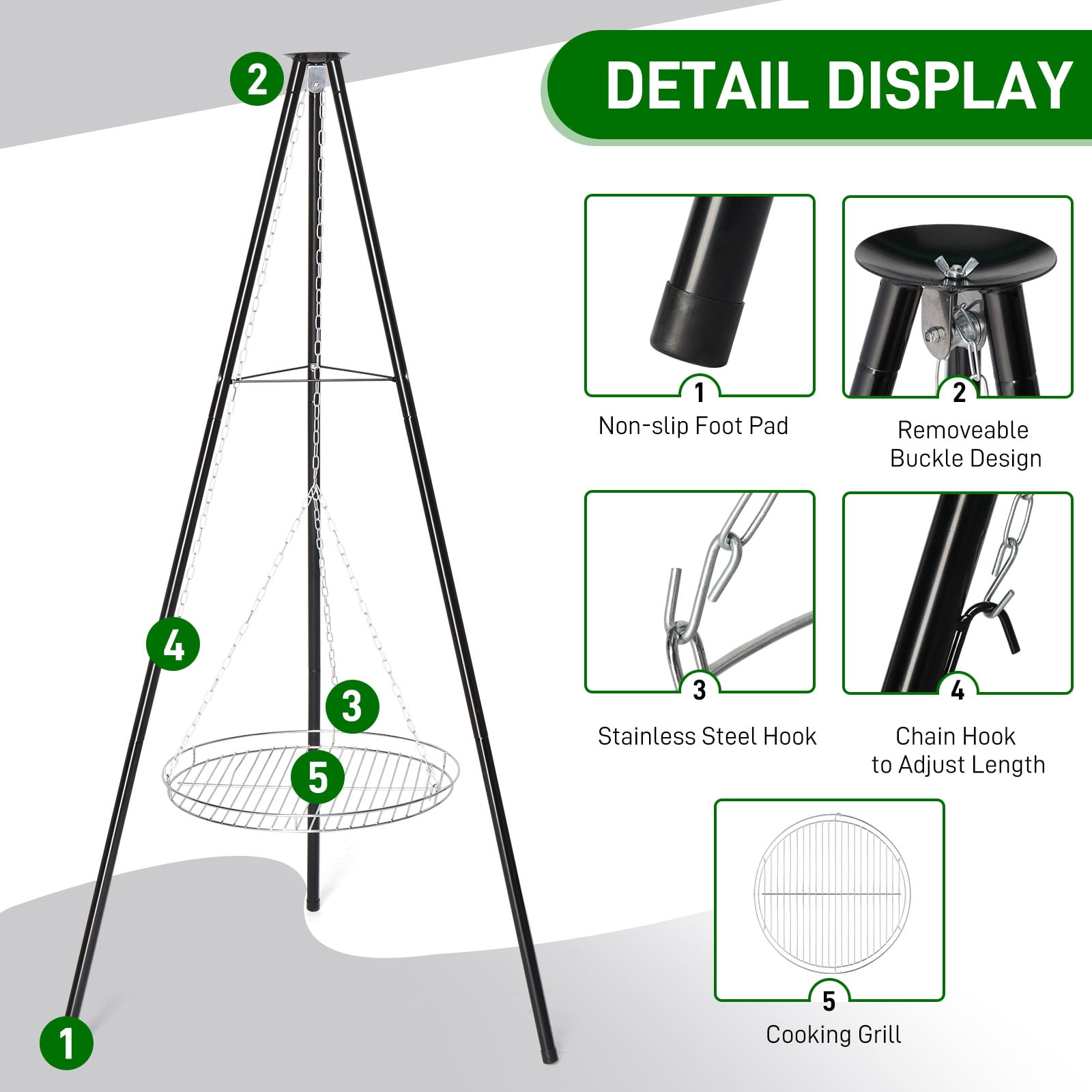 Zimtown Campfire Tripod Grill Swing Cooking Set with Adjustable Rack (Silver) lwovv