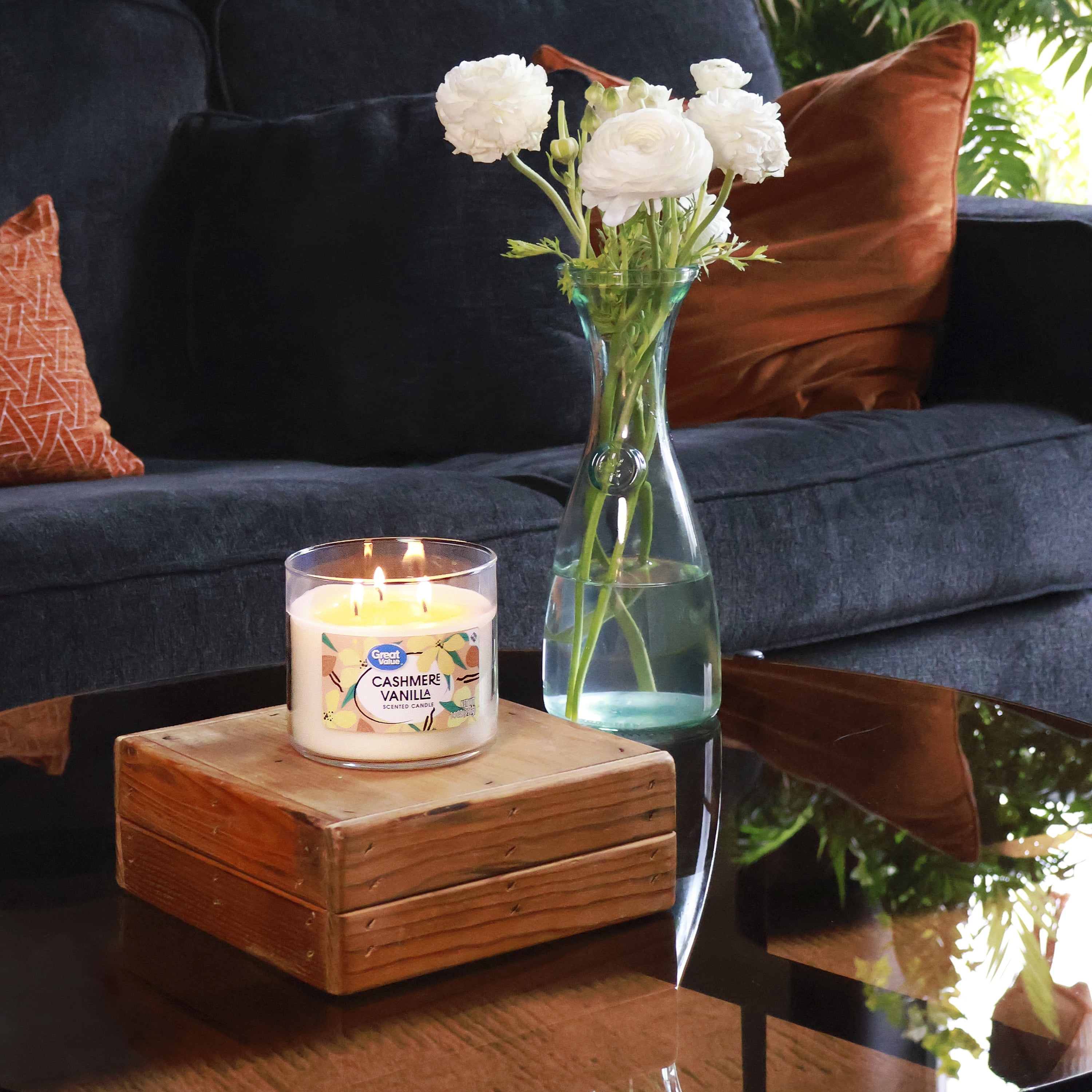 Great Value Cashmere Vanilla Scented Candle, 3-Wick Soy-Blend Wax, Long-Lasting Fragrance (White, 4 Pack, 14.5 oz) 03aue