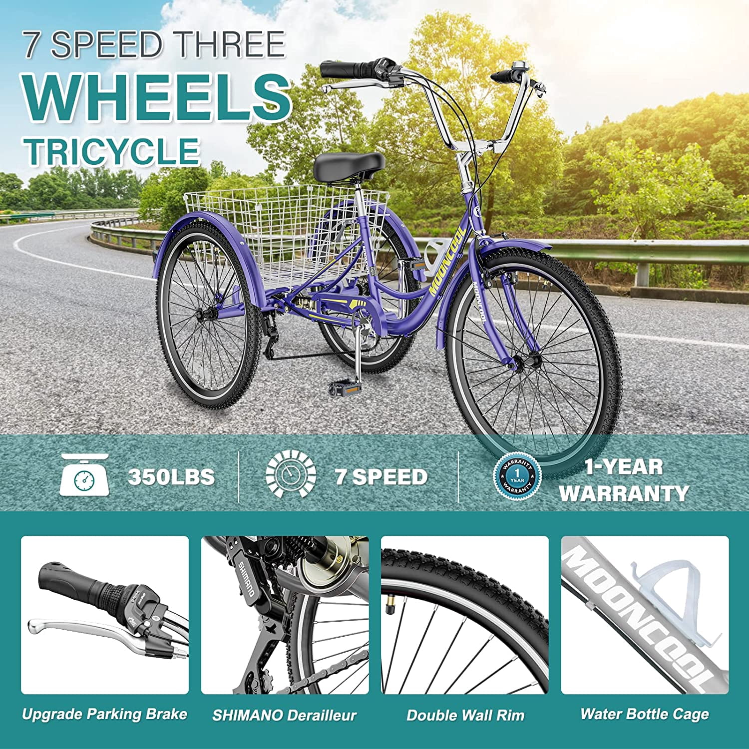 ABORON 7-Speed Adult Tricycle, 3-Wheel Cruiser Bike with Large Cargo Basket (24 in) zljwa
