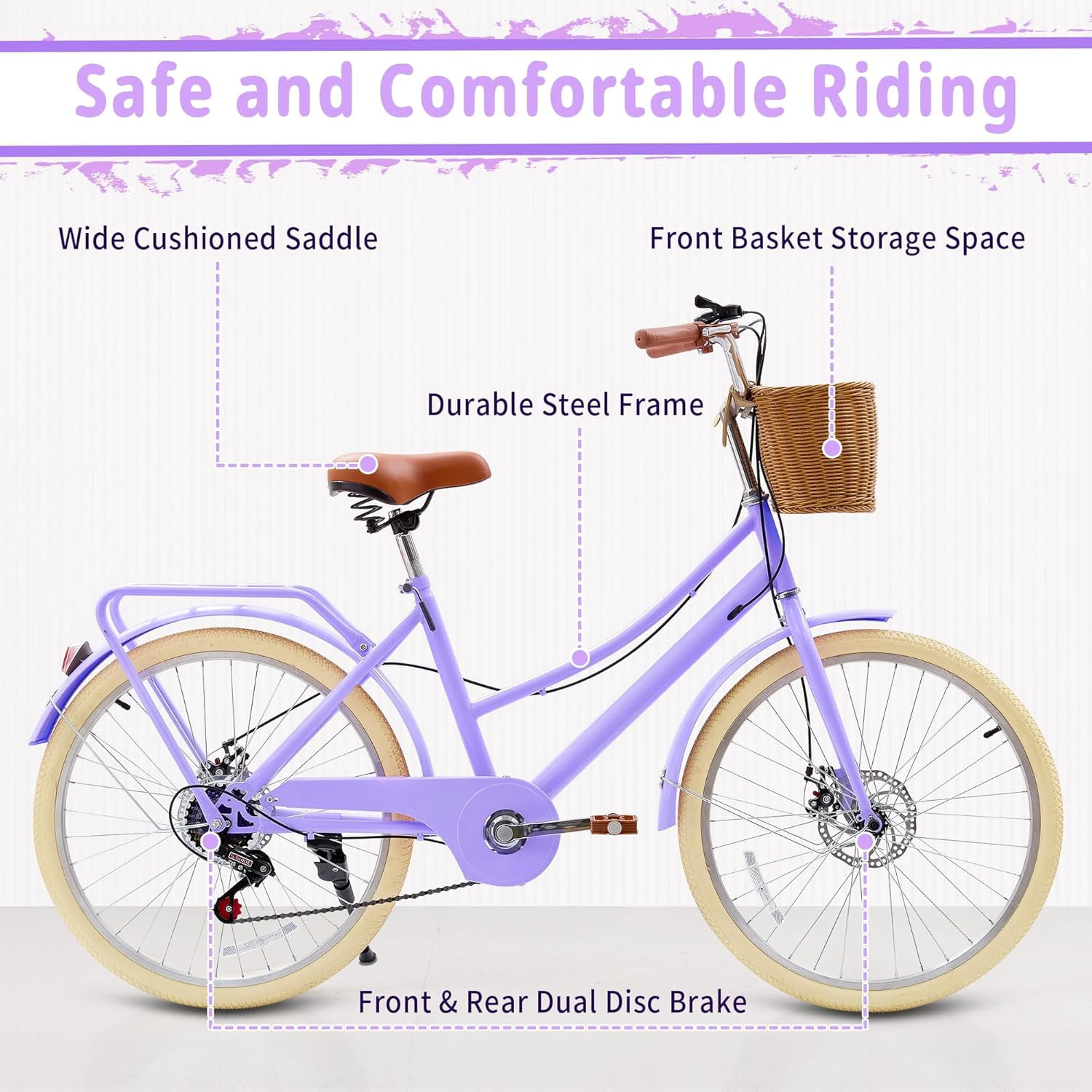 Akaber Kids Retro Cruiser Bike, 7-Speed Girls Bicycle with Rattan Basket and Dual Disc Brakes (20 in) 7glbr