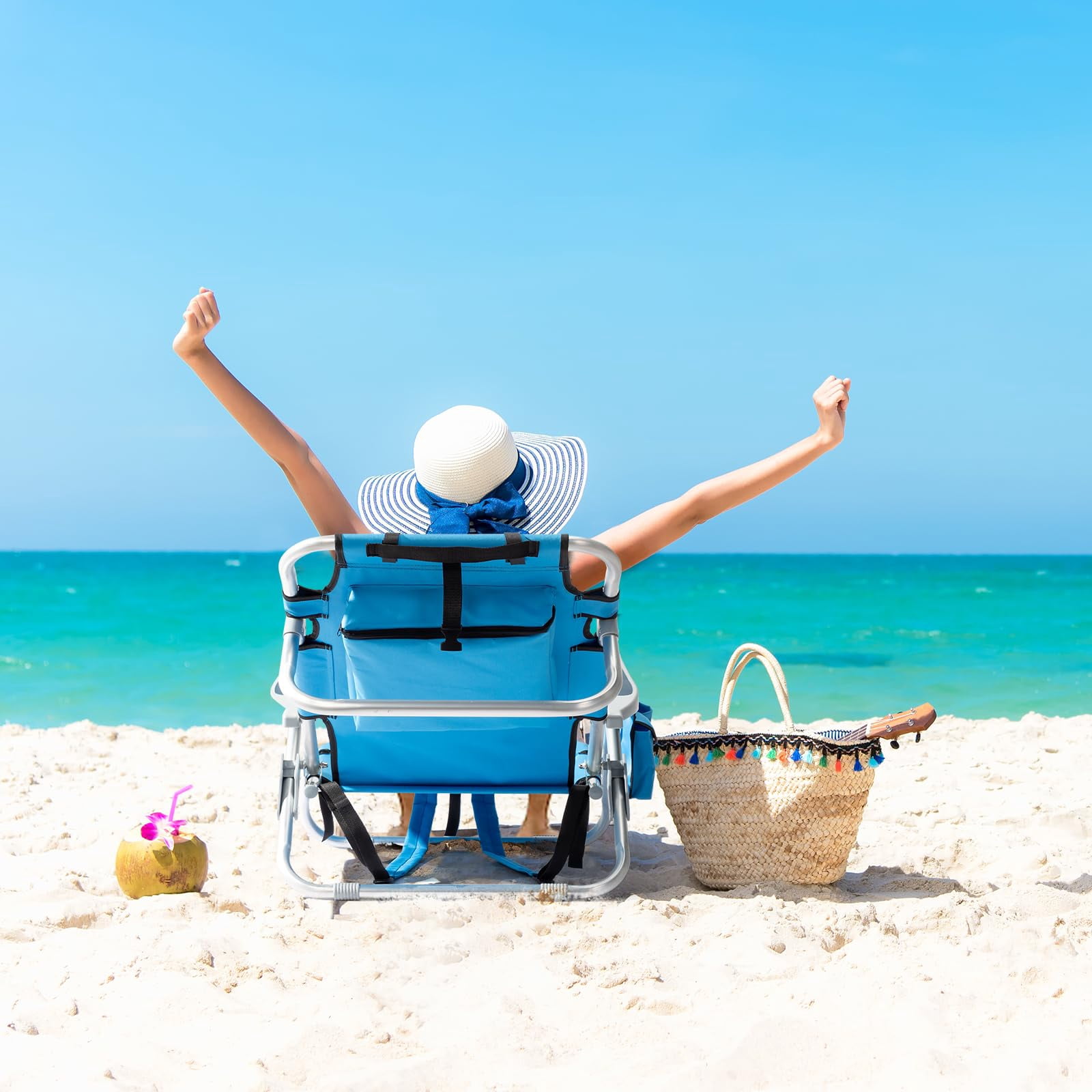 Geemuslly Folding Backpack Beach Chair, 5-Position Recline Portable Aluminum Lounge Chair with Storage Pockets and Cup Holder (Blue, 330 lb Capacity) 3vg68
