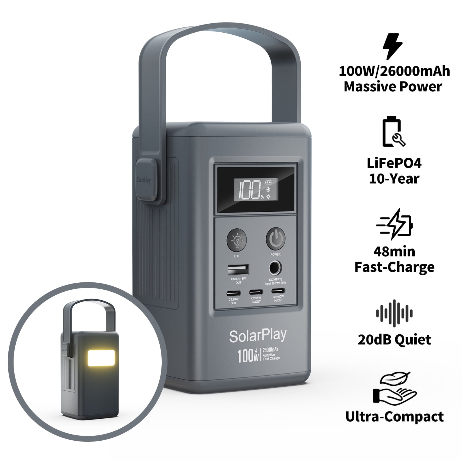 SOLARPLAY Q100 Portable Power Station, 96Wh LiFePO4 Solar Generator with 100W Fast Charging (Grey, 96Wh) 1j7g0