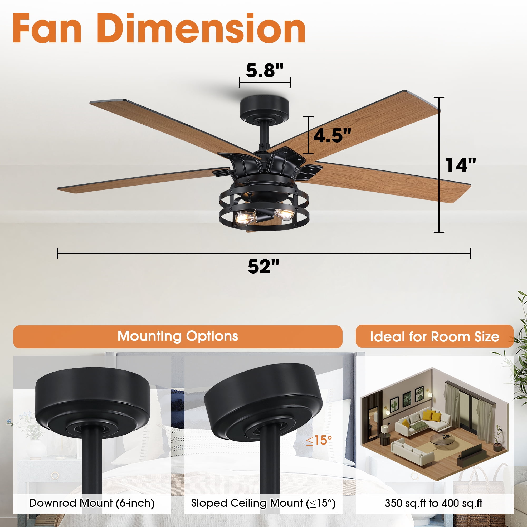 Parrot Uncle 52 in Farmhouse Caged Ceiling Fan with Remote and Light Kit (Black and Cherry, 52 in) lfe88