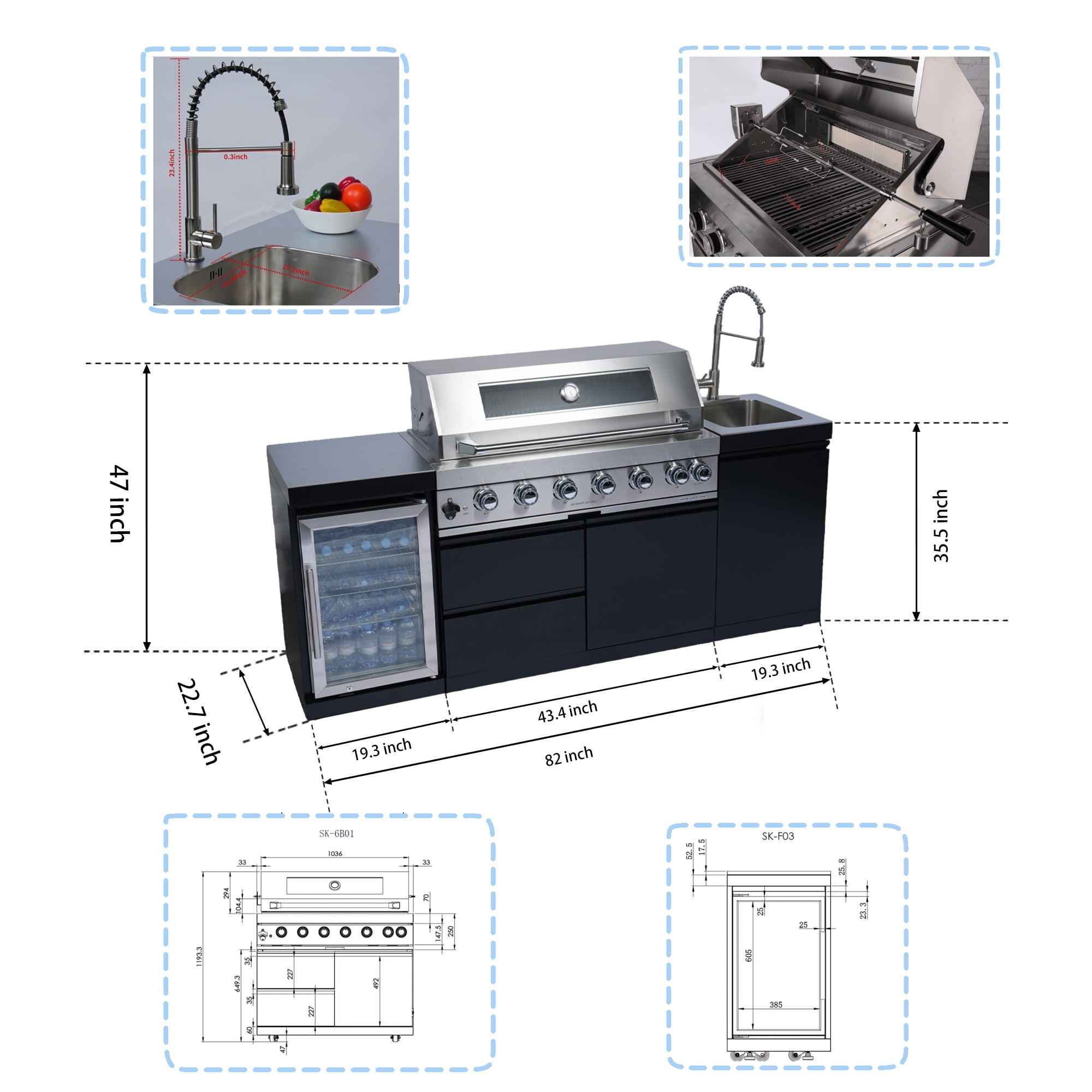 Navratil 82-Inch 6-Burner Gas Outdoor Kitchen Island Grill with Wine Cooler, Rotisserie, and Storage (Black, 82 in) 3u91l
