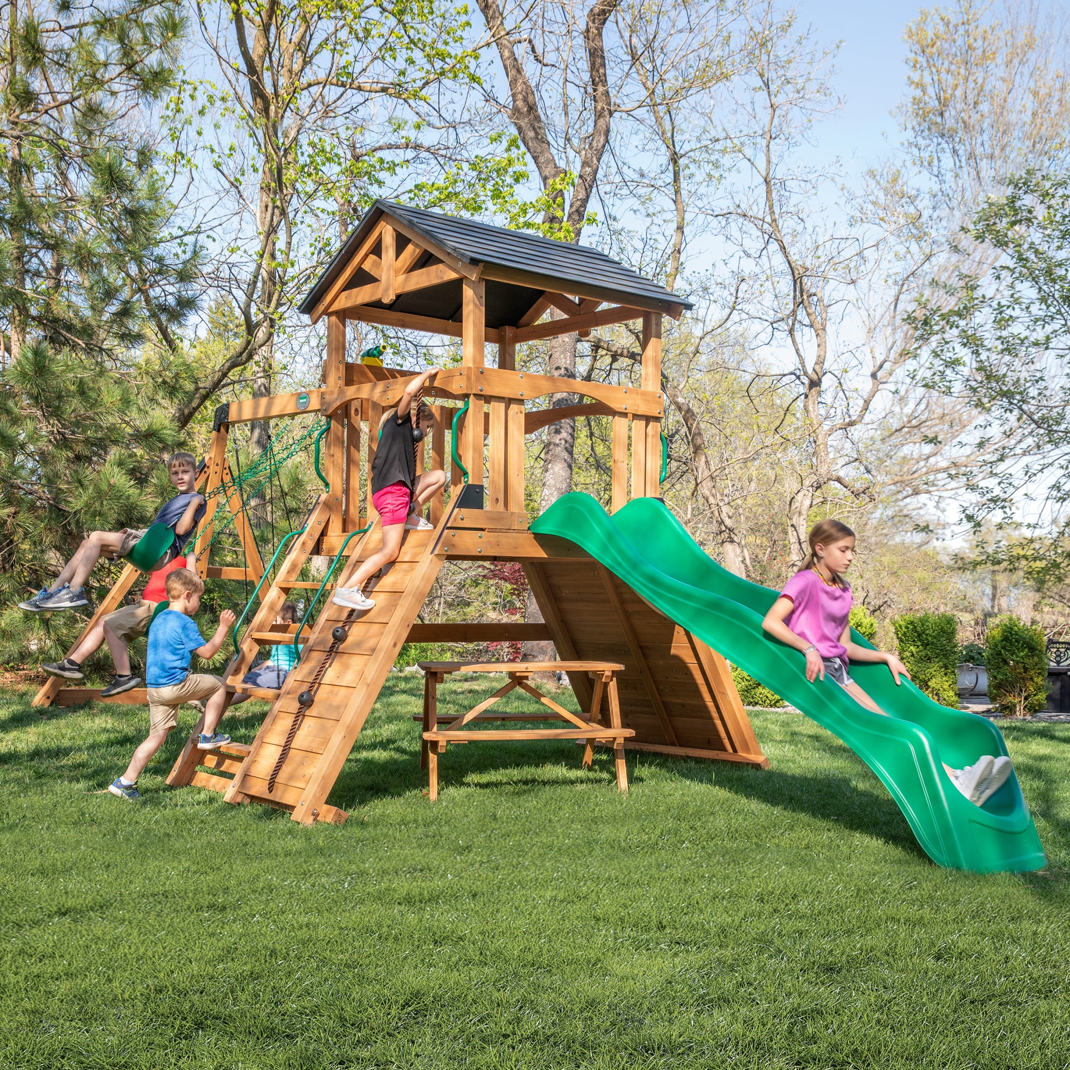 Backyard Discovery Endeavor II Cedar Wood Swing Set with Slide, Play Deck, and Double Rock Wall (Light Brown) cb9zs