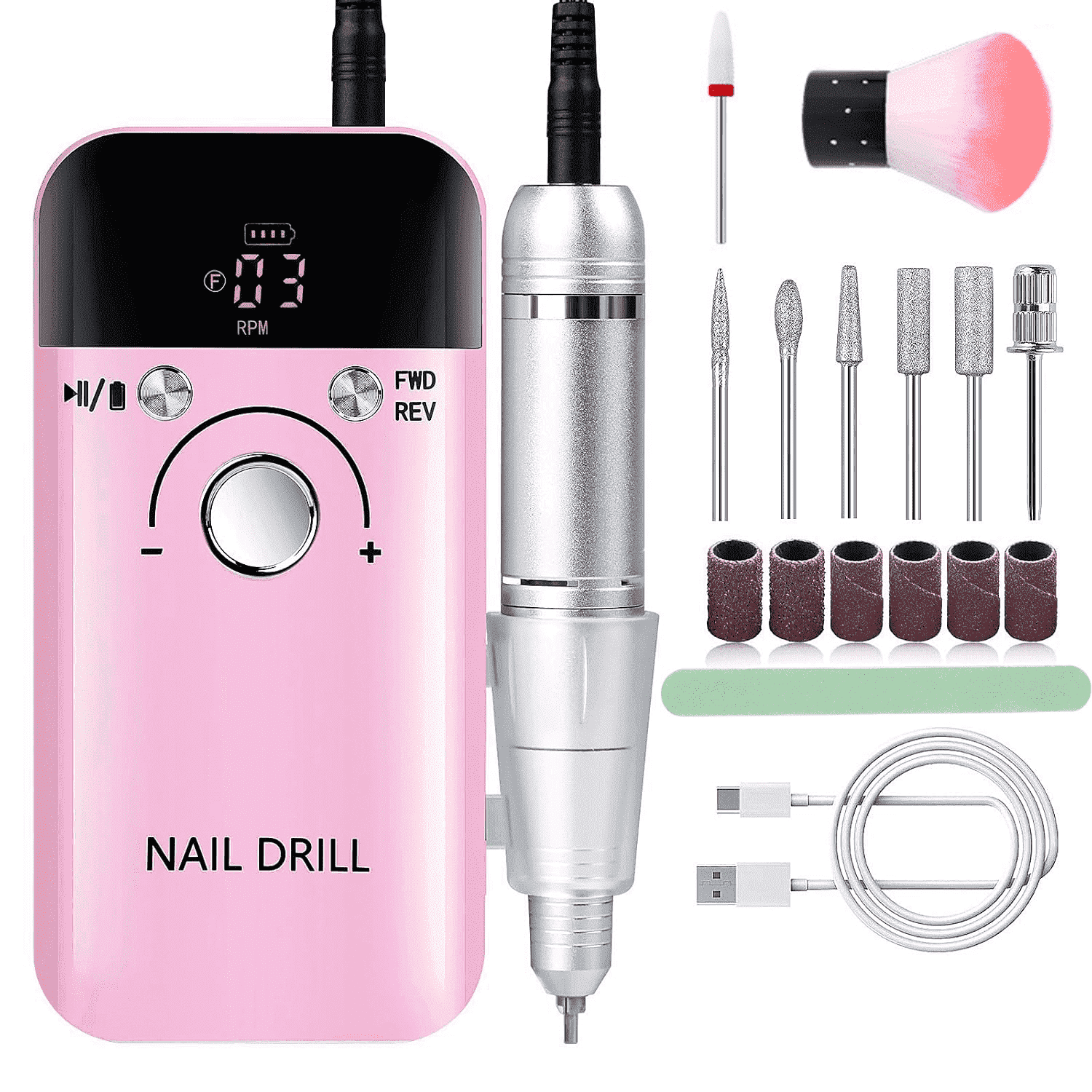 IDFINE Electric Nail Drill Professional 45000RPM Rechargeable Portable File for Acrylic and Gel Nails (Pink, 1 Kit) 30vv1