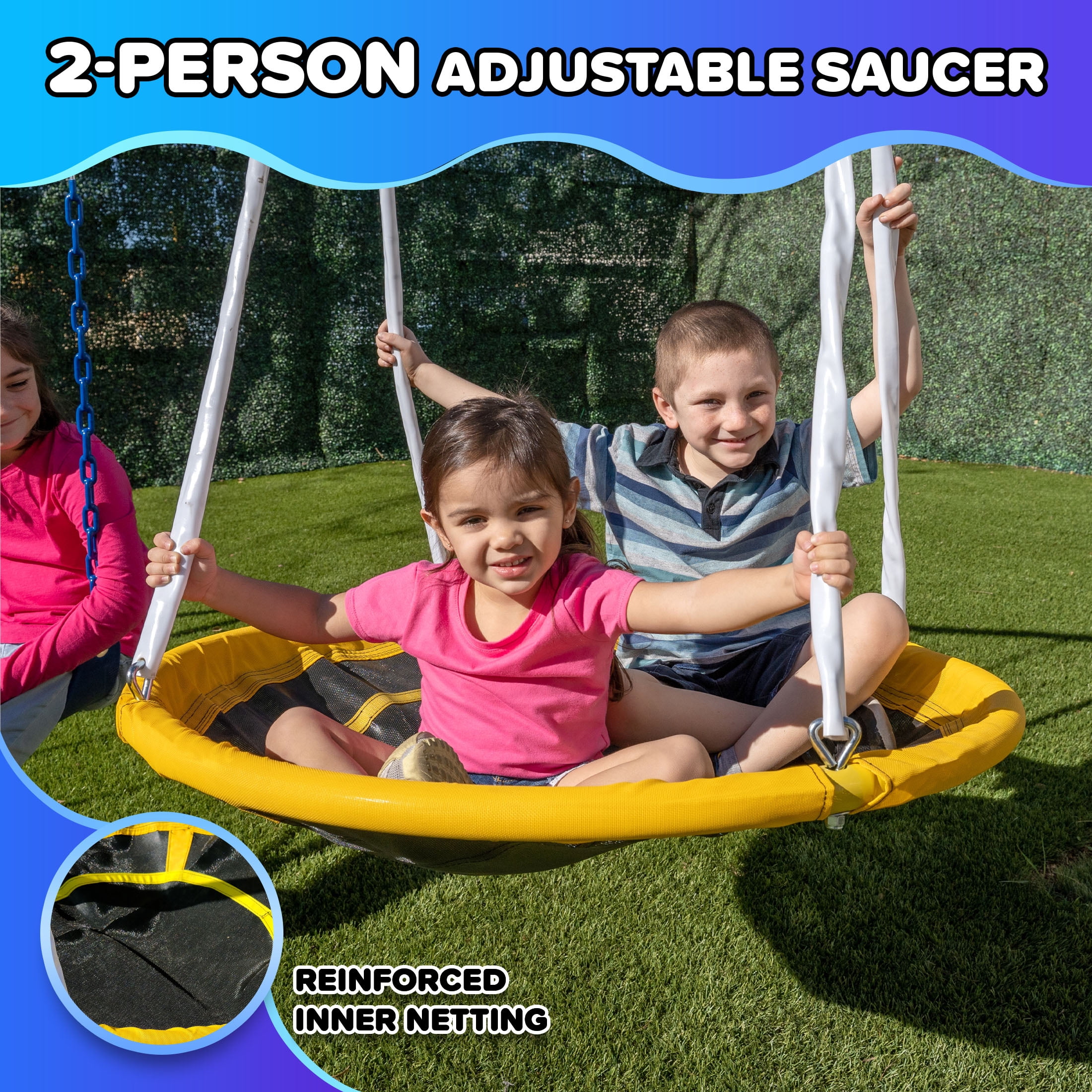 Sportspower Outdoor Swing Set with Saucer and Slide (Blue, 7.55 x 17.06 x 6.07 ft) dxelm