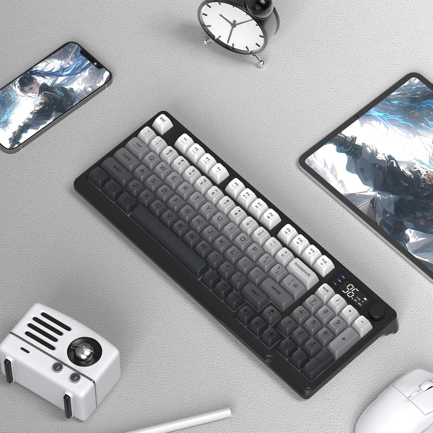 Free Wolf M96 Wireless Gaming Keyboard, Membrane Mechanical Feel with LCD Screen & Media Knob (Grey, 94 Key) kzbu3