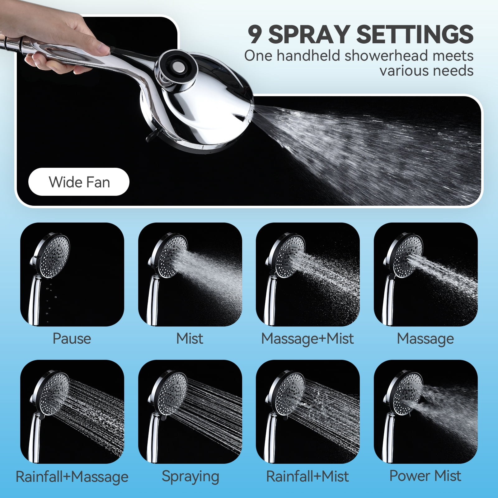 INAVAMZ 12 Inch High Pressure Rain Shower Head and 9-Spray Handheld Combo with Magnetic Docking (Matte Black, 60 in Hose) 0ys75