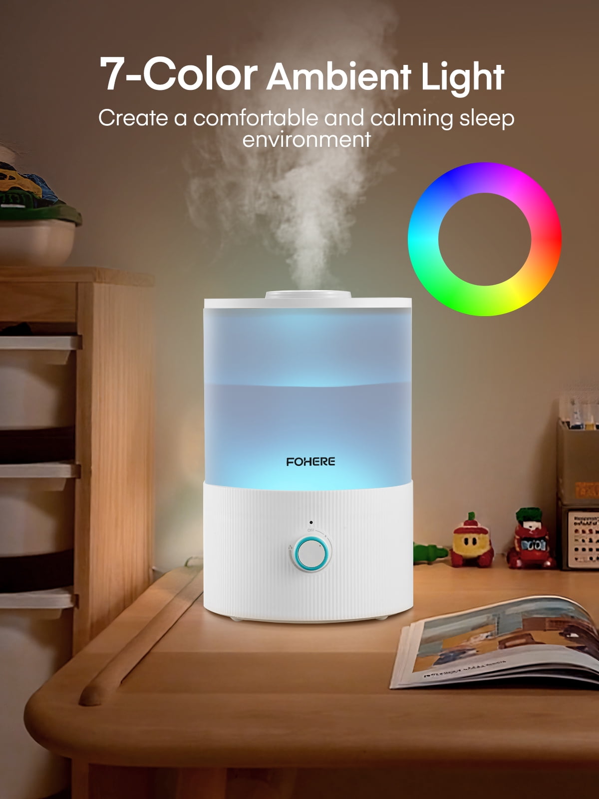 FOHERE Ultrasonic Cool Mist Humidifier for Bedroom and Nursery, Top Fill Essential Oil Diffuser with 7-Color Night Light (White, 0.85 gal) 0tdmr