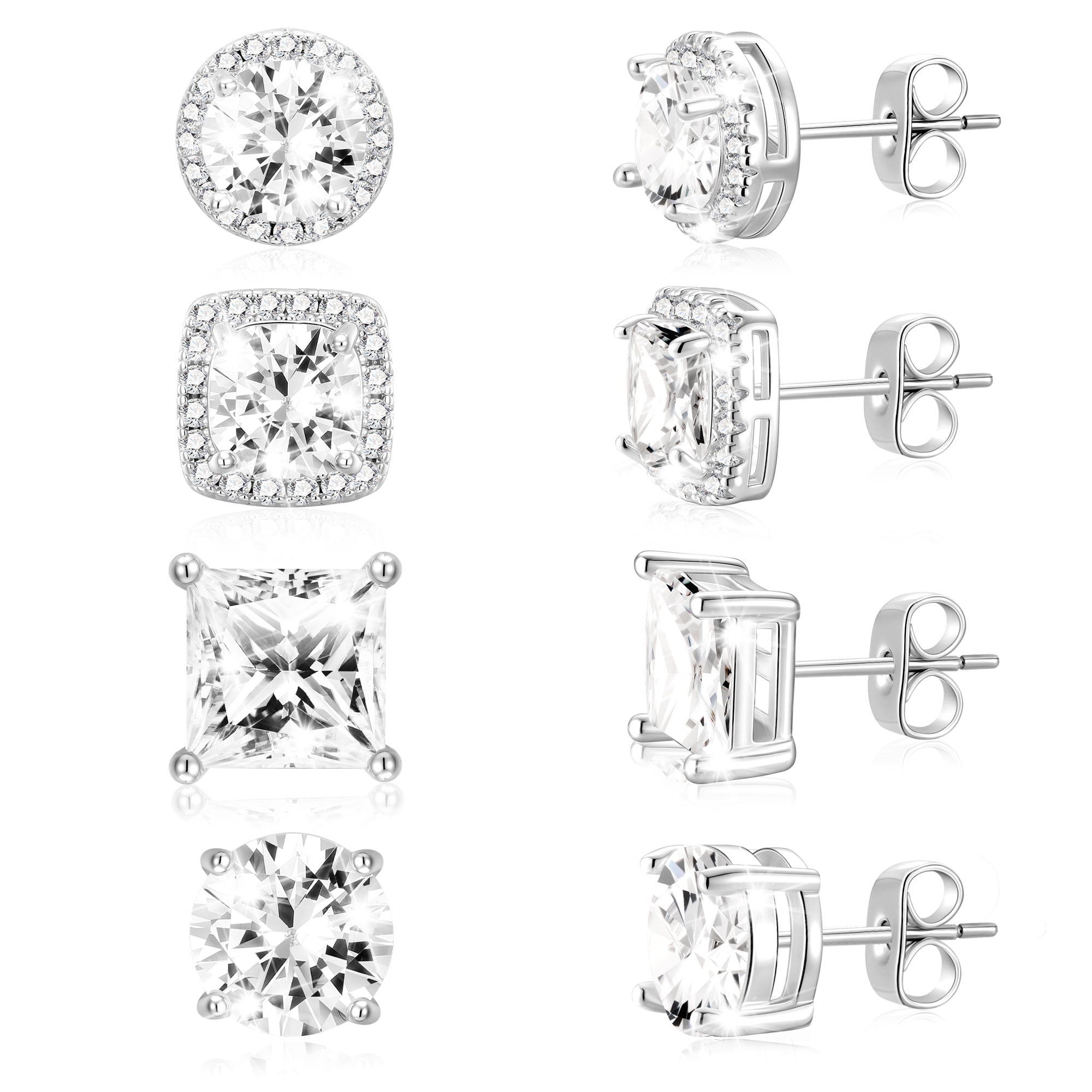 APSVO Halo Stud Earrings Set (4 Pairs, 18K White Gold Plated, Cubic Zirconia, 0.39 in) a521l