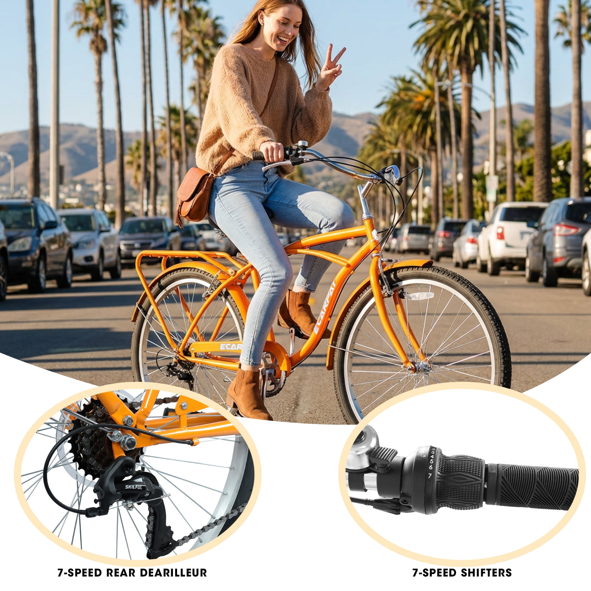 Ecarpat 26 Inch Beach Cruiser Bike, 7-Speed Commuter Bicycle with High-Carbon Steel Frame and Dual V-Brakes (Gold, 26 in) njl0u