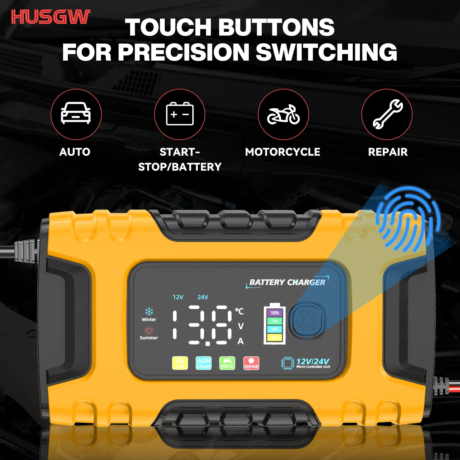 HUSGW Smart Car Battery Charger 12V 10A/24V 5A Automatic Trickle Maintainer for Lead-Acid and LiFePO4 (Yellow) 3qr0f