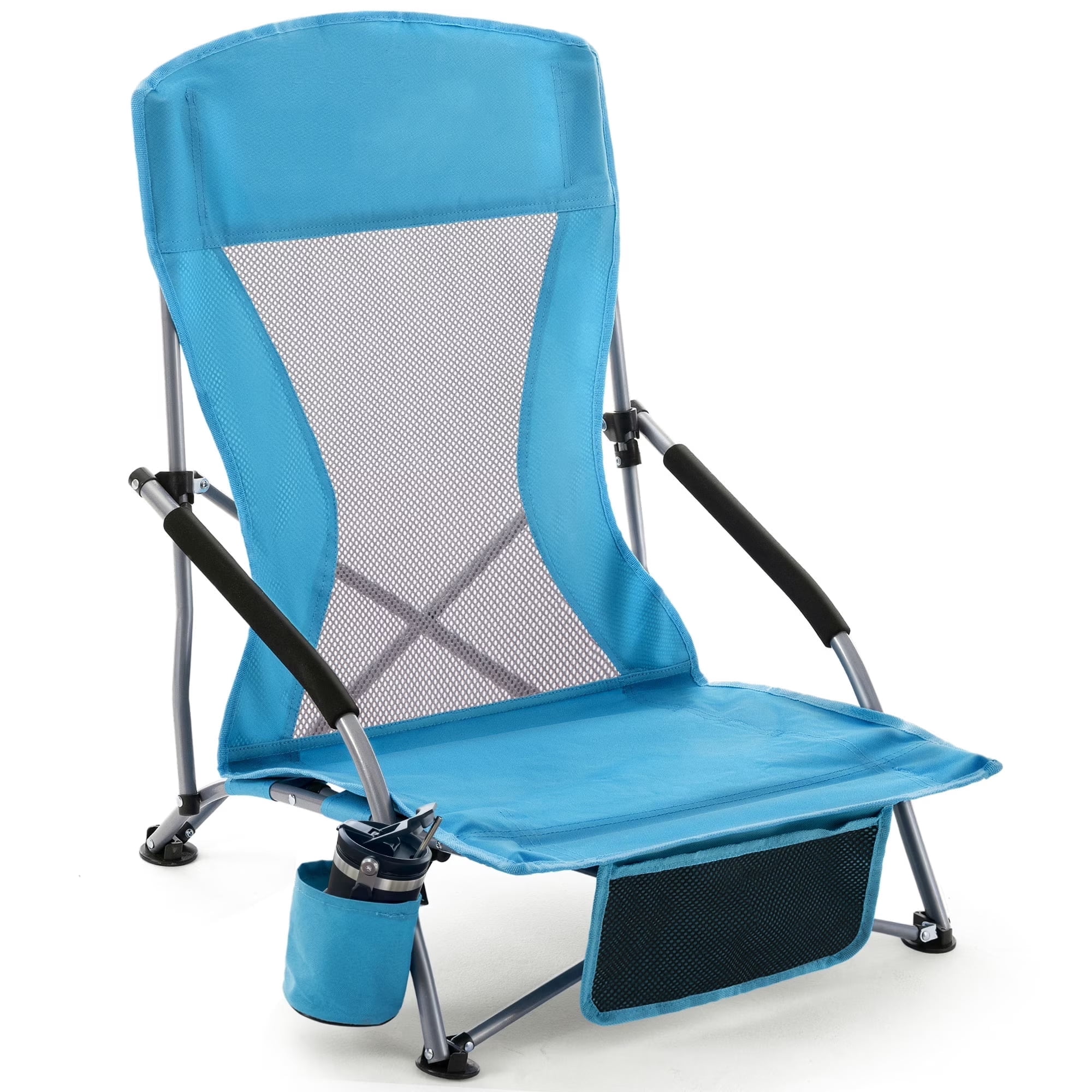 Umineux Folding Beach Chair for Adults, Portable Lightweight Outdoor Seat with Cup Holder (Light Blue, 22 in x 19.7 in x 27.5 in) tuui1