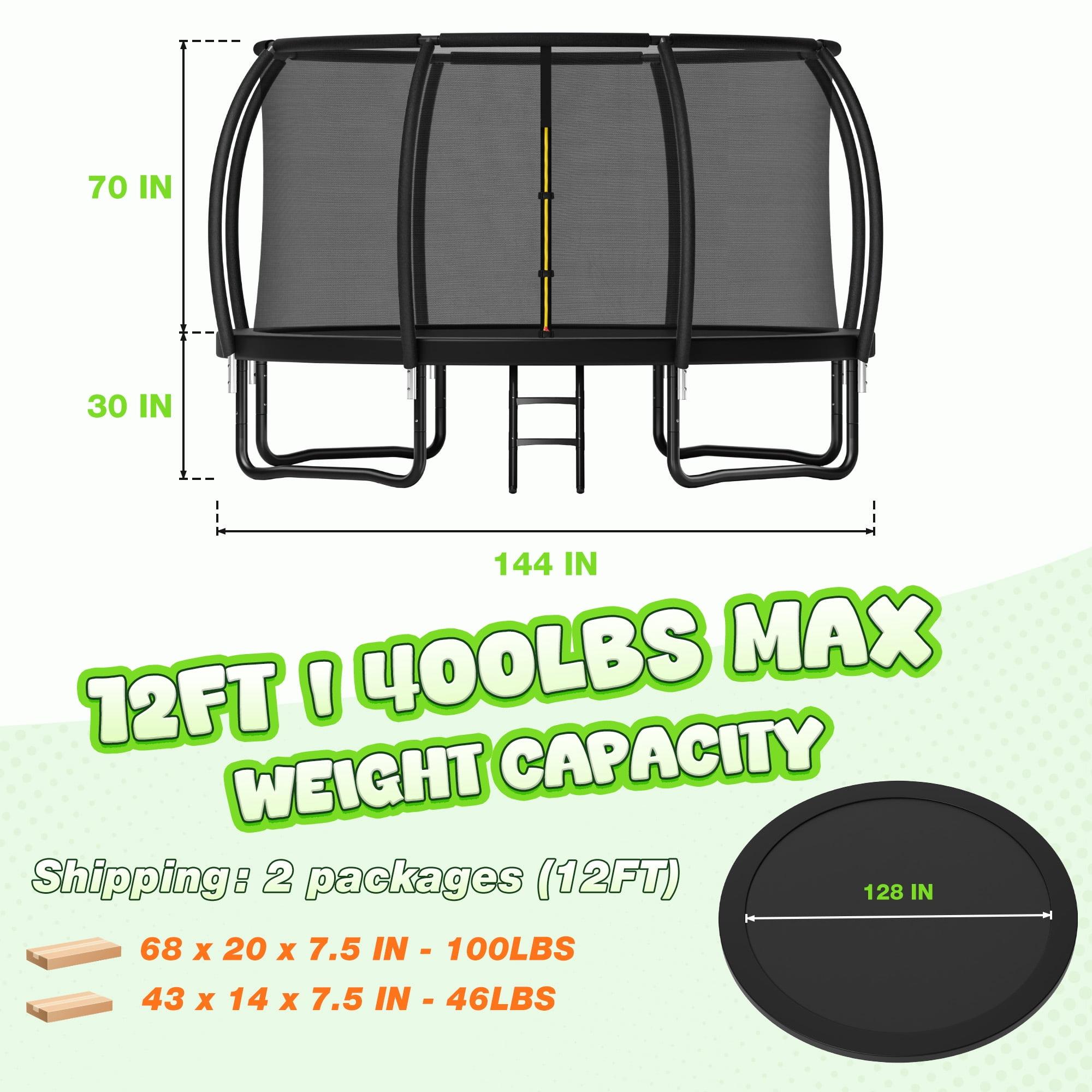 Forgemus Recreational Outdoor Trampoline with Enclosure Net and Ladder (12 ft) 7r62m