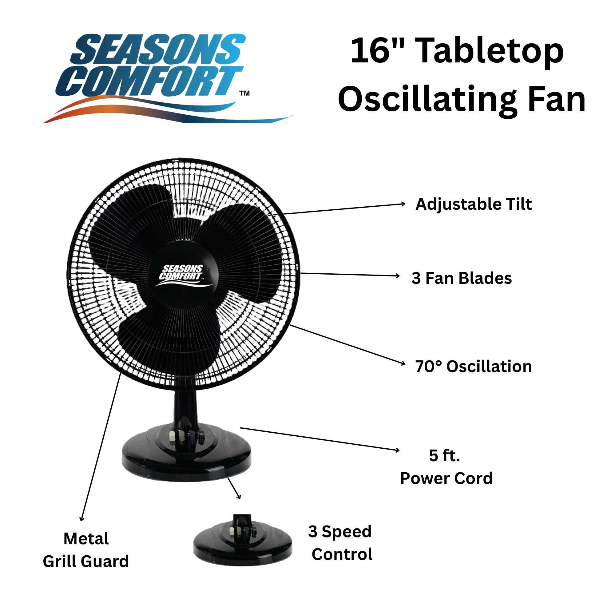 Seasons Comfort 16 Inch Oscillating Tabletop Fan, 3-Speed Quiet Cooling (Black, 21 in H x 16 in W) yy2b0
