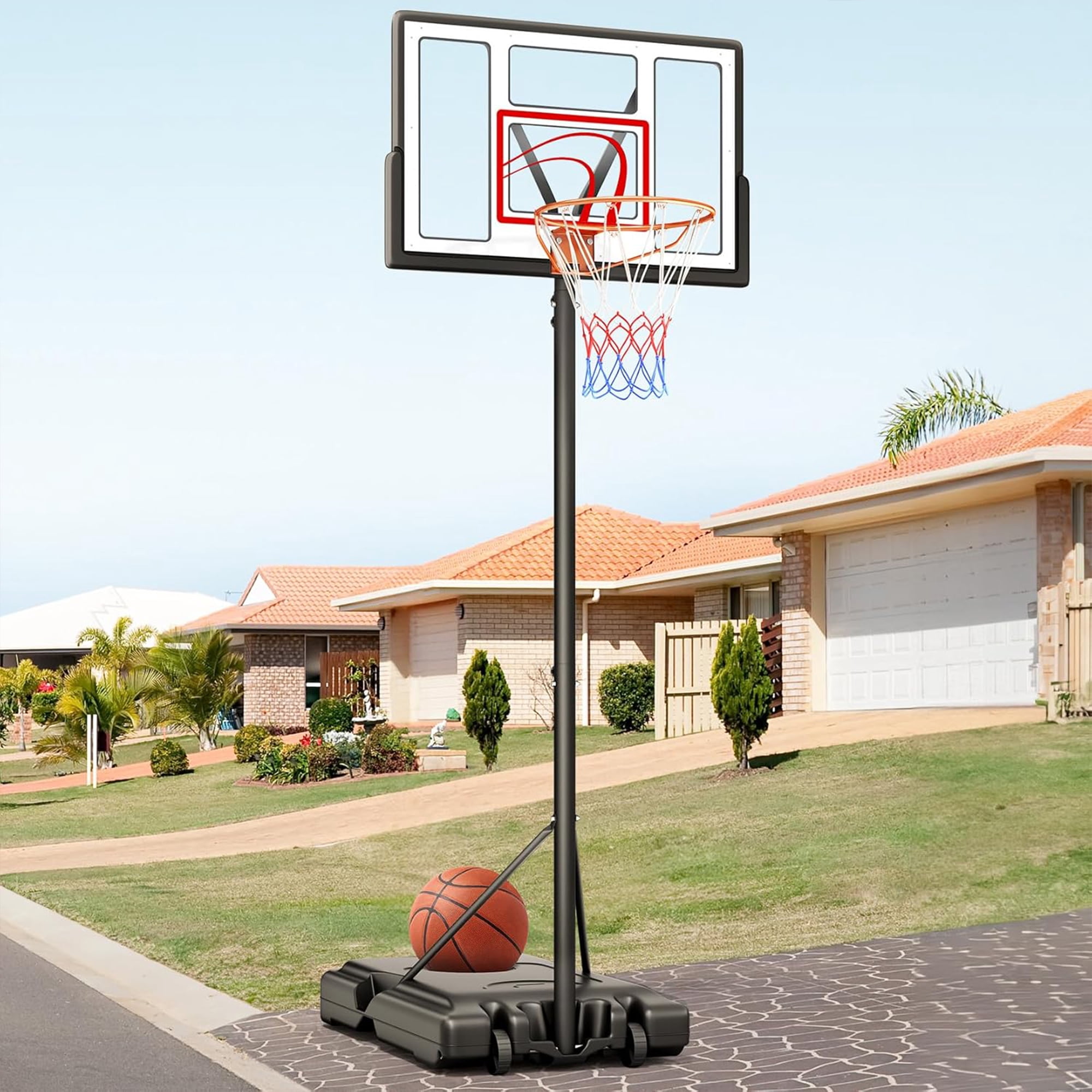 Toremore 44 in Portable Basketball Hoop System, Adjustable Height 4.43-10 ft with Shatterproof Backboard (Red) eqmj3