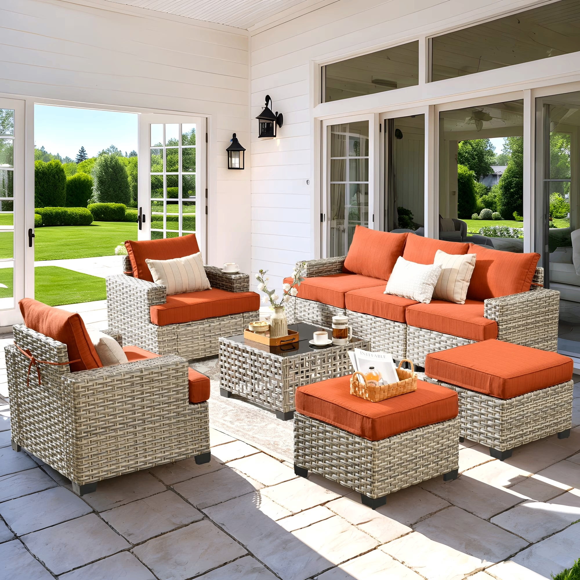 VCATNET 8-Piece Outdoor Patio Furniture Sectional Sofa Set with Solar Powered Coffee Table (Orange, 8-Piece Set) h5otd