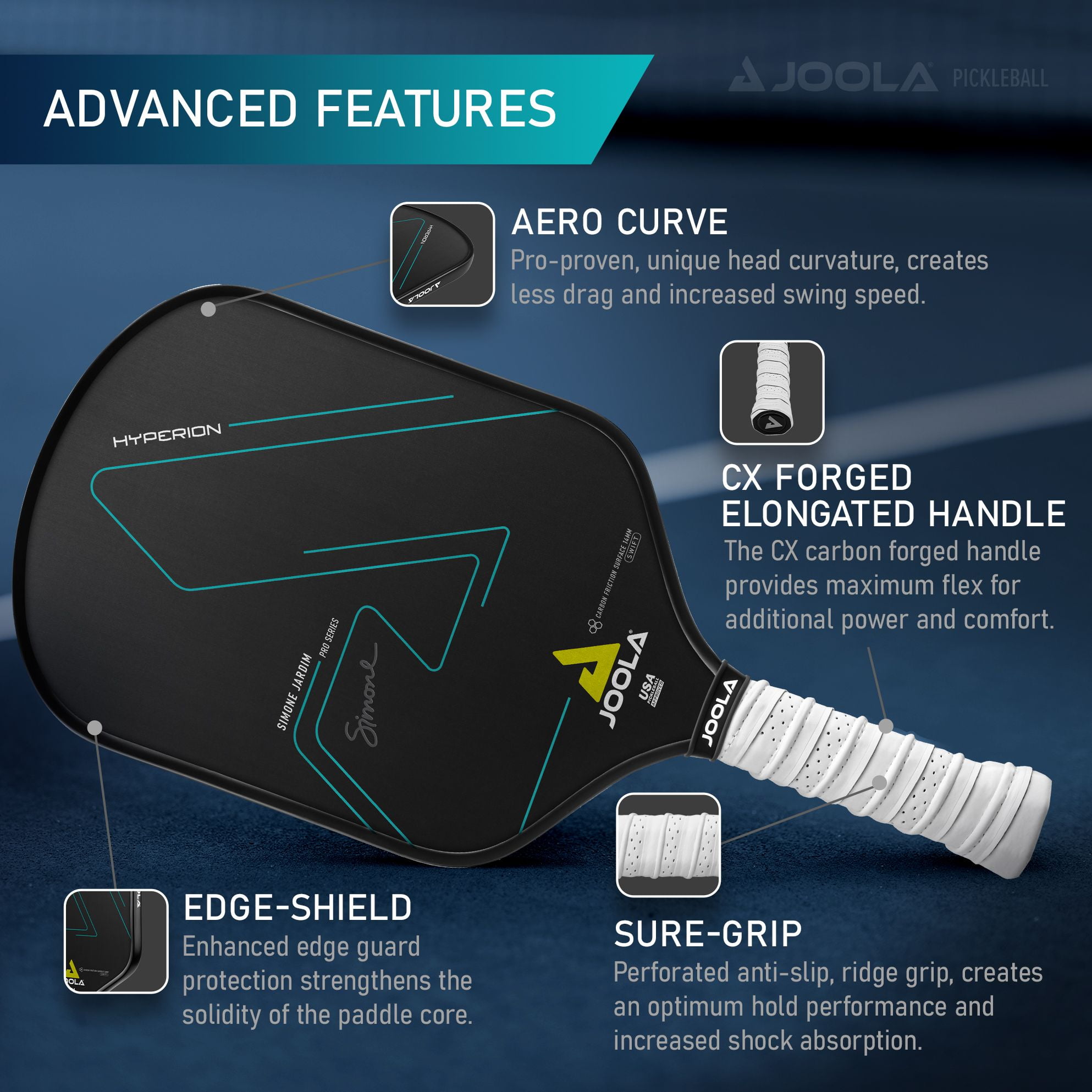 JOOLA Simone Jardim Hyperion CFS 14mm Swift Pickleball Paddle (Black, 16.5 in x 7.5 in) o6gxg