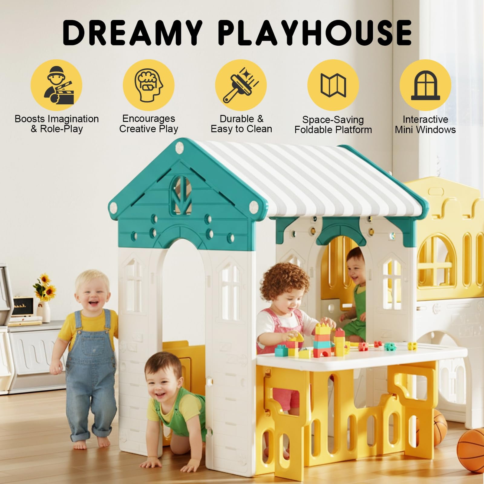 JIAOQIU 10-in-1 Toddler Playground Playset with Slide, Rock Climber, and Basketball Hoop (Green, 72 in x 60 in x 45 in) uwd61