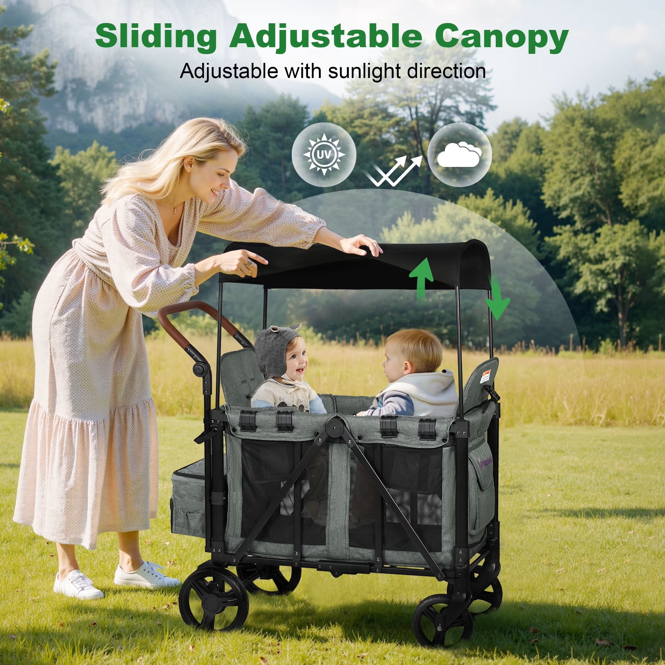Vomeast 3-in-1 Wagon Stroller for 2 Kids, Outdoor Baby Stroller with Canopy and 5-Point Harness (Grey, 200 lb Capacity) 3b7gc