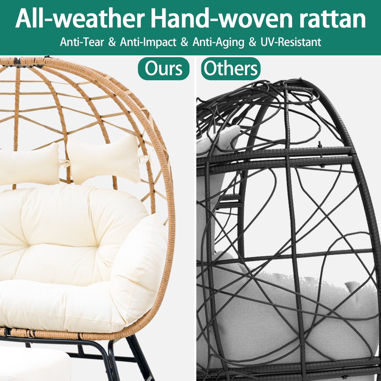 FKS LIFE Egg Basket Chair with Ottoman and Cushion (Yellow, 680 lb Capacity) bjpv7