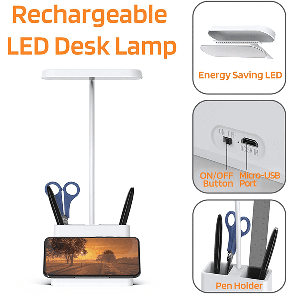 SUPTREE LED Desk Lamp with Pen and Phone Holder, Dimmable Eye-Protection Table Light with USB Port (White, 1 Unit) aeu7p