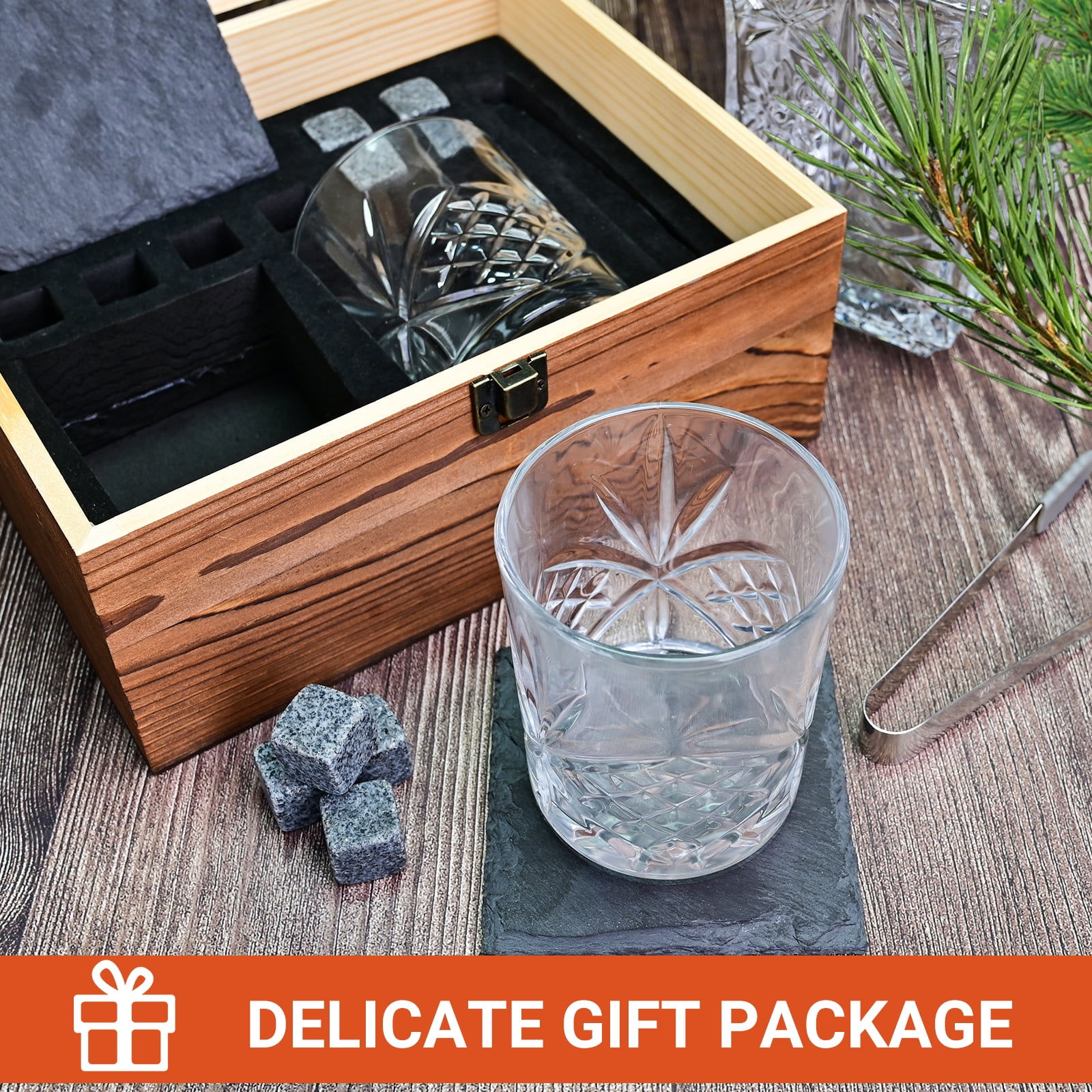 TINANA Whiskey Glass Set with Granite Chilling Stones and Wooden Gift Box (Clear, 12.3 fl oz) xbwu6
