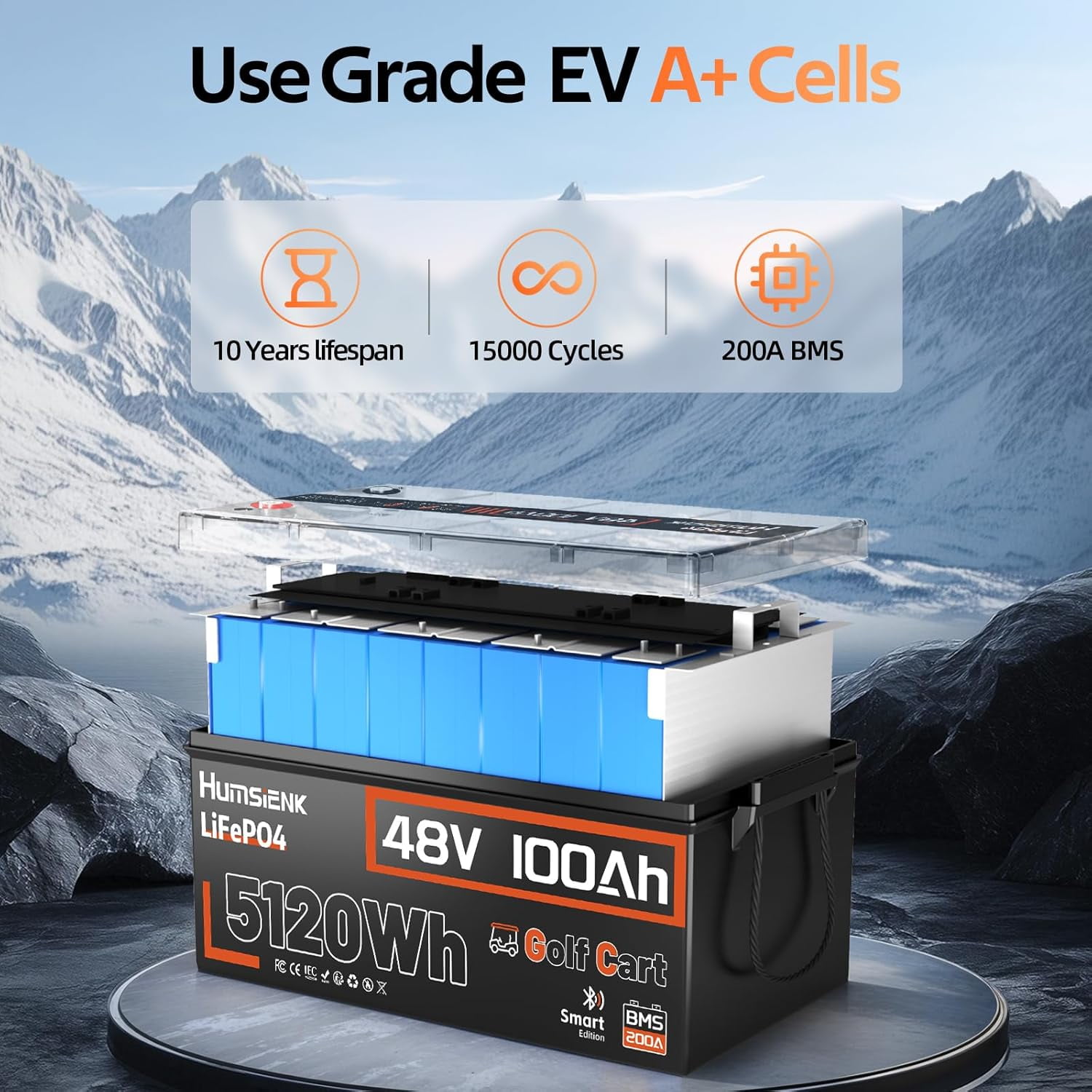 Humsienk 48V 100Ah LiFePO4 Lithium Battery with 15A Charger (Bluetooth, 200A BMS, Metal Case) 0yoe7