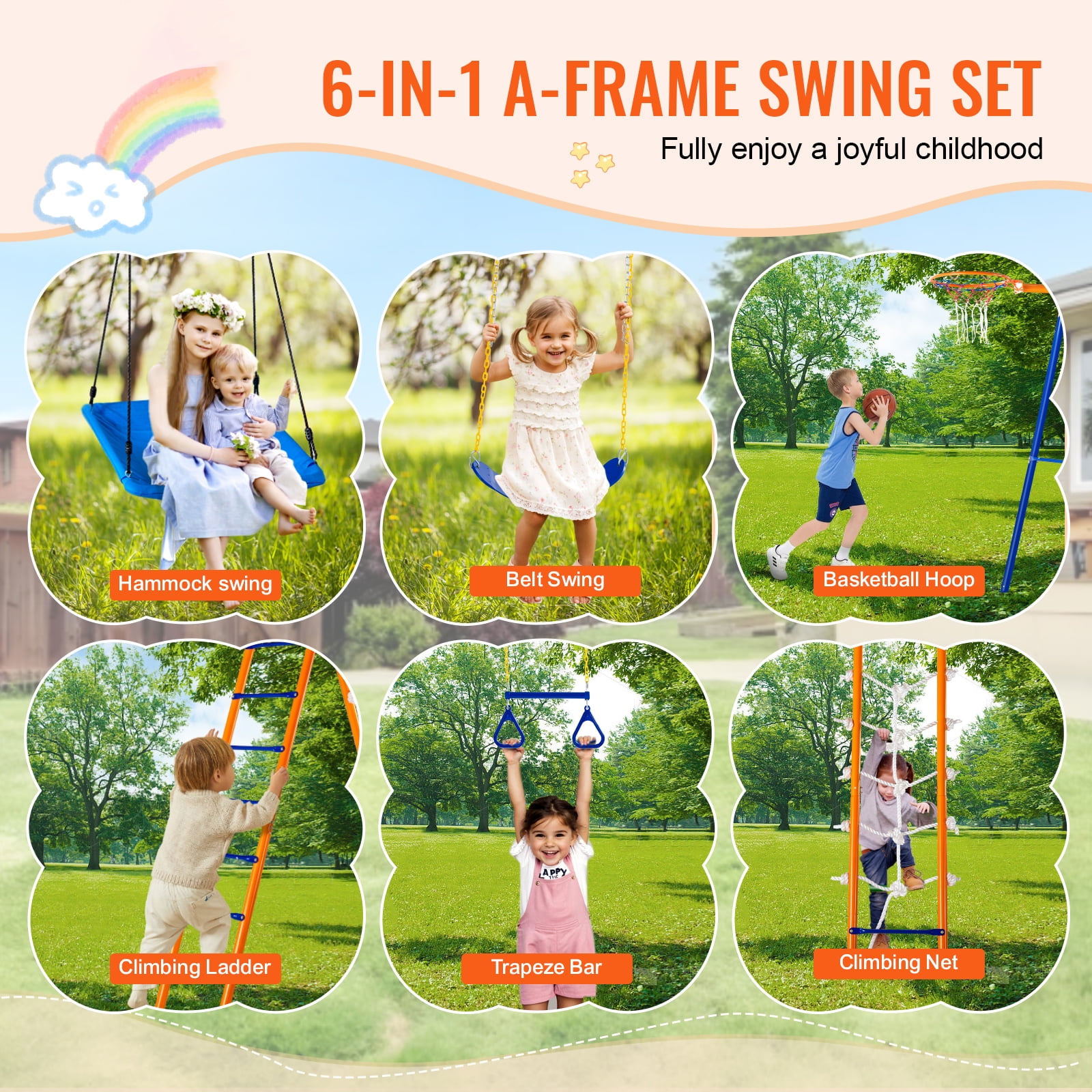 KFFKFF Outdoor Swing Set, 6-in-1 Playground Combo with Dual Swings, Trapeze, Ladder, Net, and Basketball Hoop (Orange, 440 lb) cwxiu