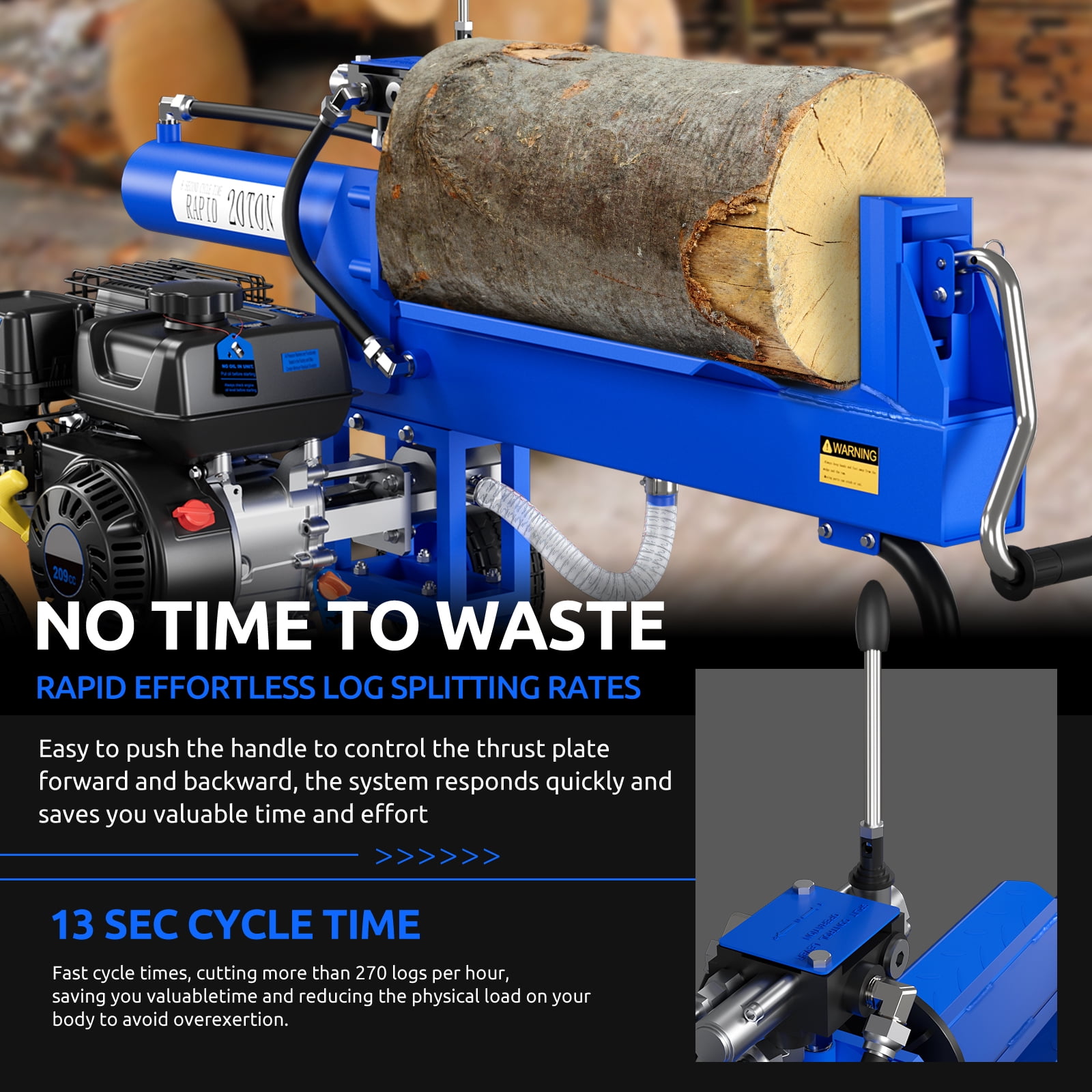 Efurden Gas Log Splitter with 7 HP Engine and 20 Ton Hydraulic Ram (Blue, 20 in L x 16 in D) 6hre3