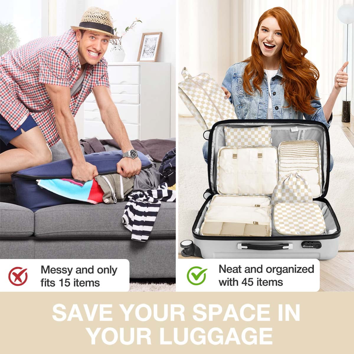 Livhil 8-Piece Travel Packing Cubes Set for Luggage Organization (Khaki Plaid, 8-Piece Set) oc2qf