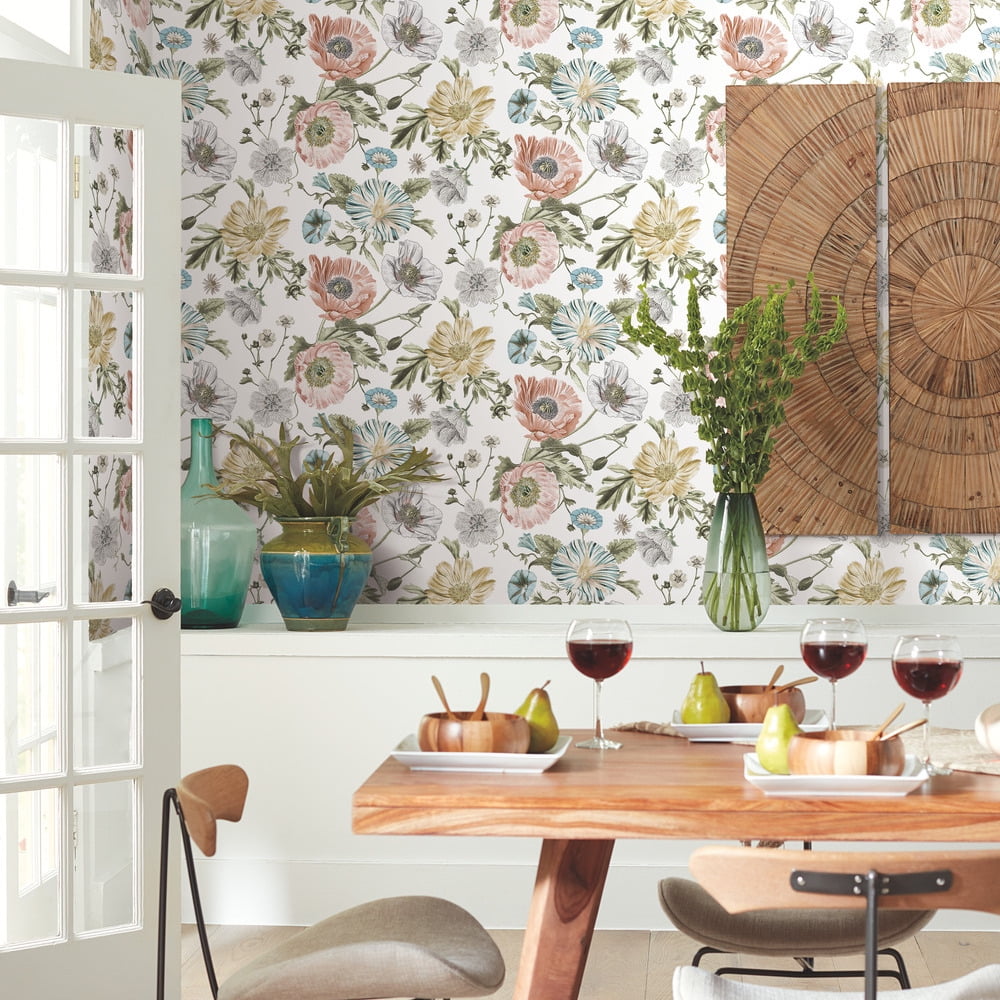 RoomMates Vintage Poppy Peel & Stick Wallpaper Removable Floral Wall Decor (Pink, 30.75 sq ft) loo51