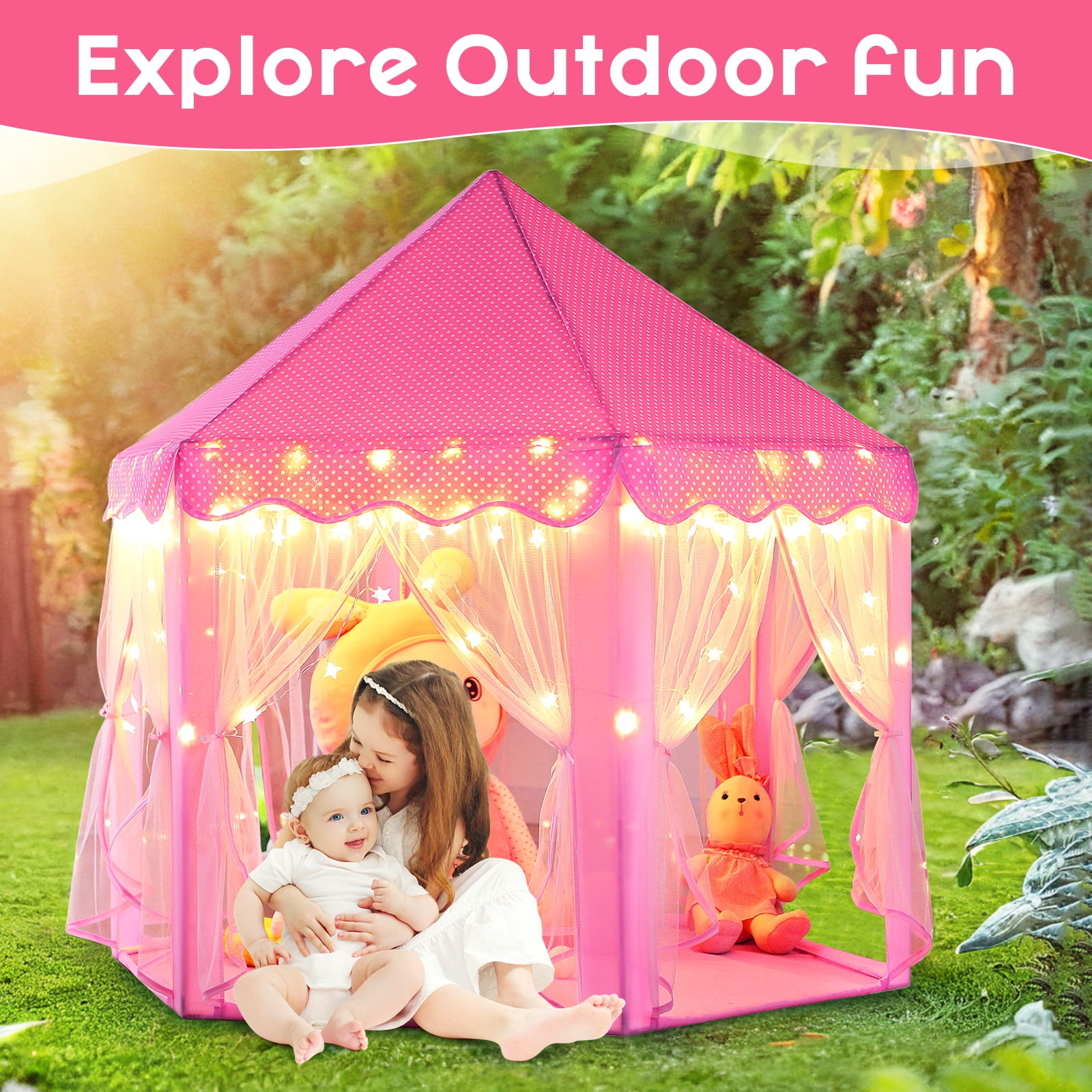 Wilwolfer Princess Castle Kids Indoor Play Tent, Hexagon Fabric Playhouse with Star Lights (Pink, Large) xa3zu