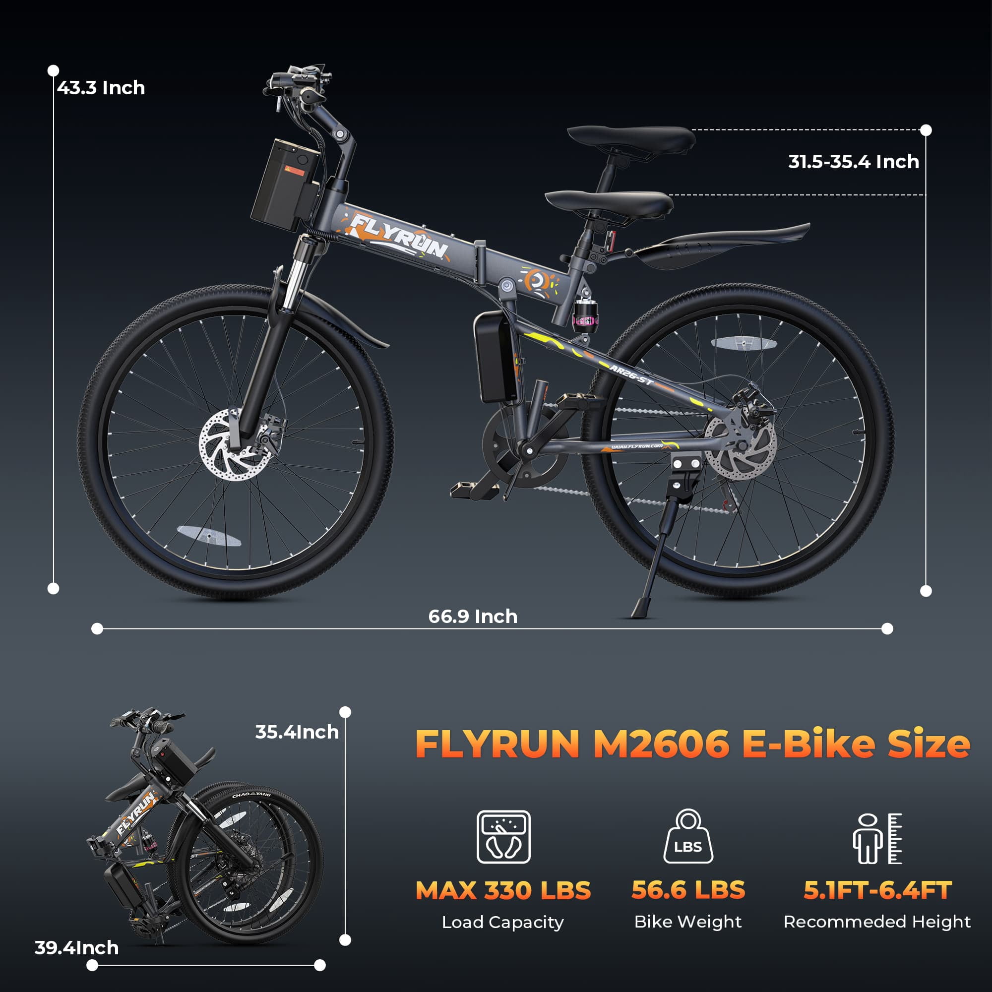FLYRUN 26 in Electric Bike for Adults, Foldable E-bike with 750W Peak Motor, 20 MPH, 48V Removable Battery, Full Suspension (Grey, 26 in) kl148