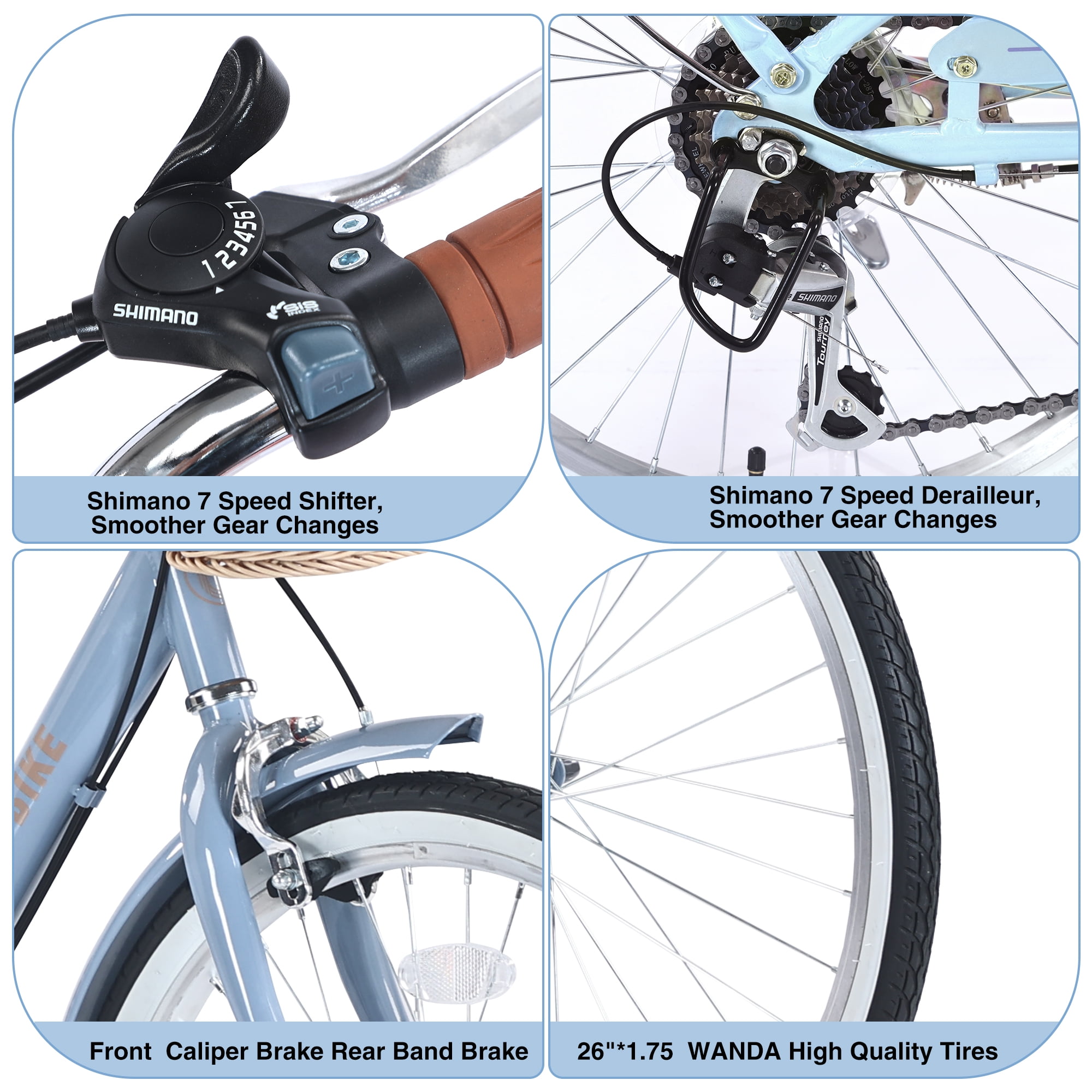 Aezusy Women's 26 in Beach Cruiser Bike, Shimano 7-Speed Commuter Bicycle with Basket (Blue, 26 in) gcyq2