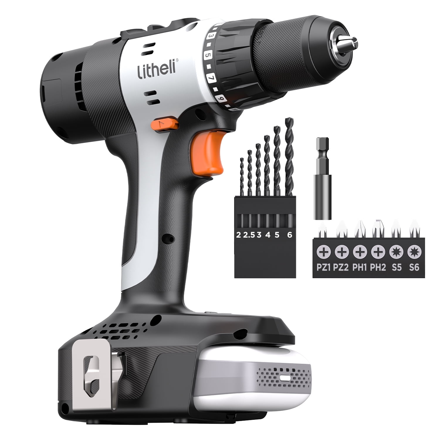 Litheli 20V Cordless Drill Driver (1/2 in Chuck, 2.0Ah Battery, 442 in-lb Torque) 3wpql