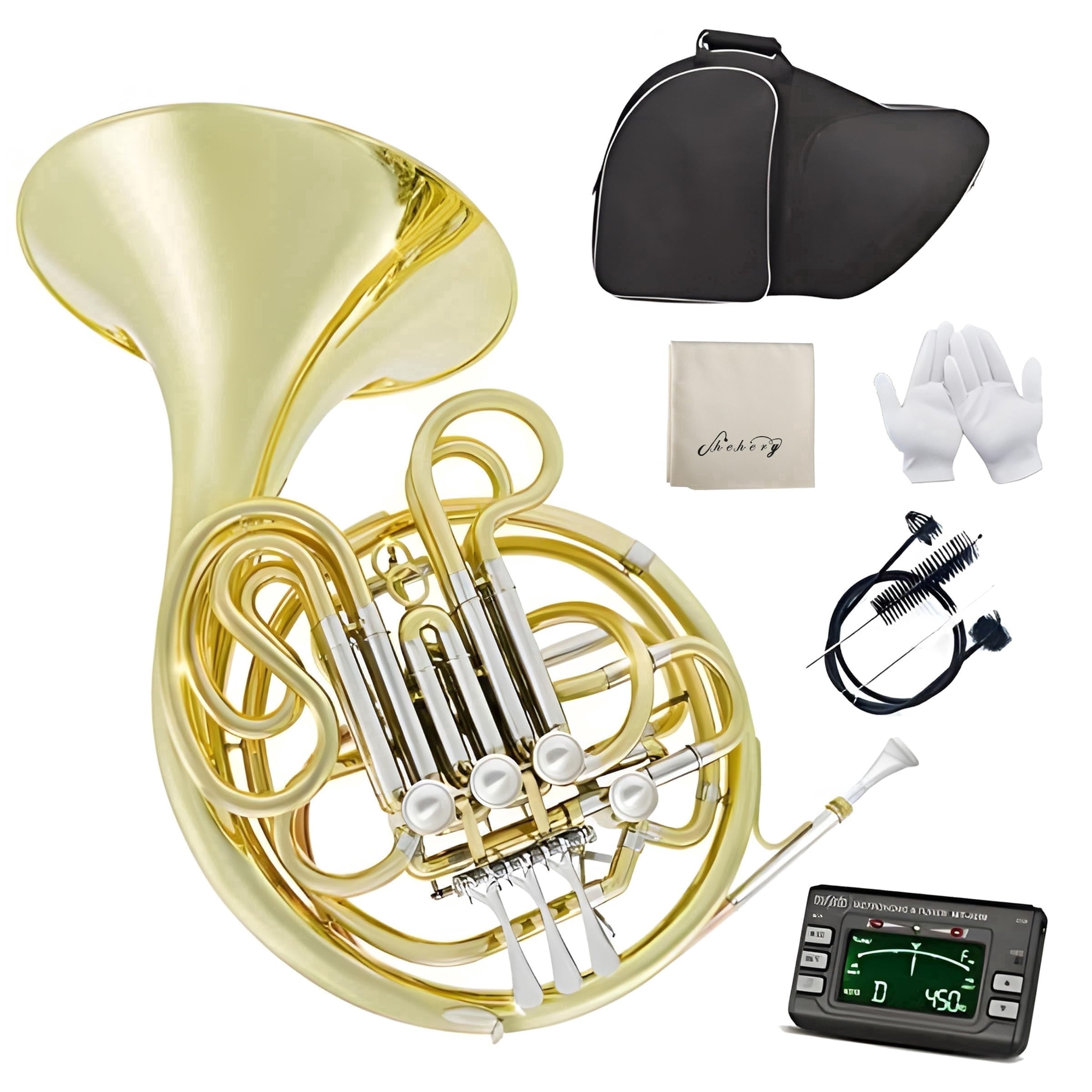 Chehery Double French Horn F/Bb 4-Key Brass Instrument with Case, Mouthpiece, and Cleaning Kit (Gold) o99eu