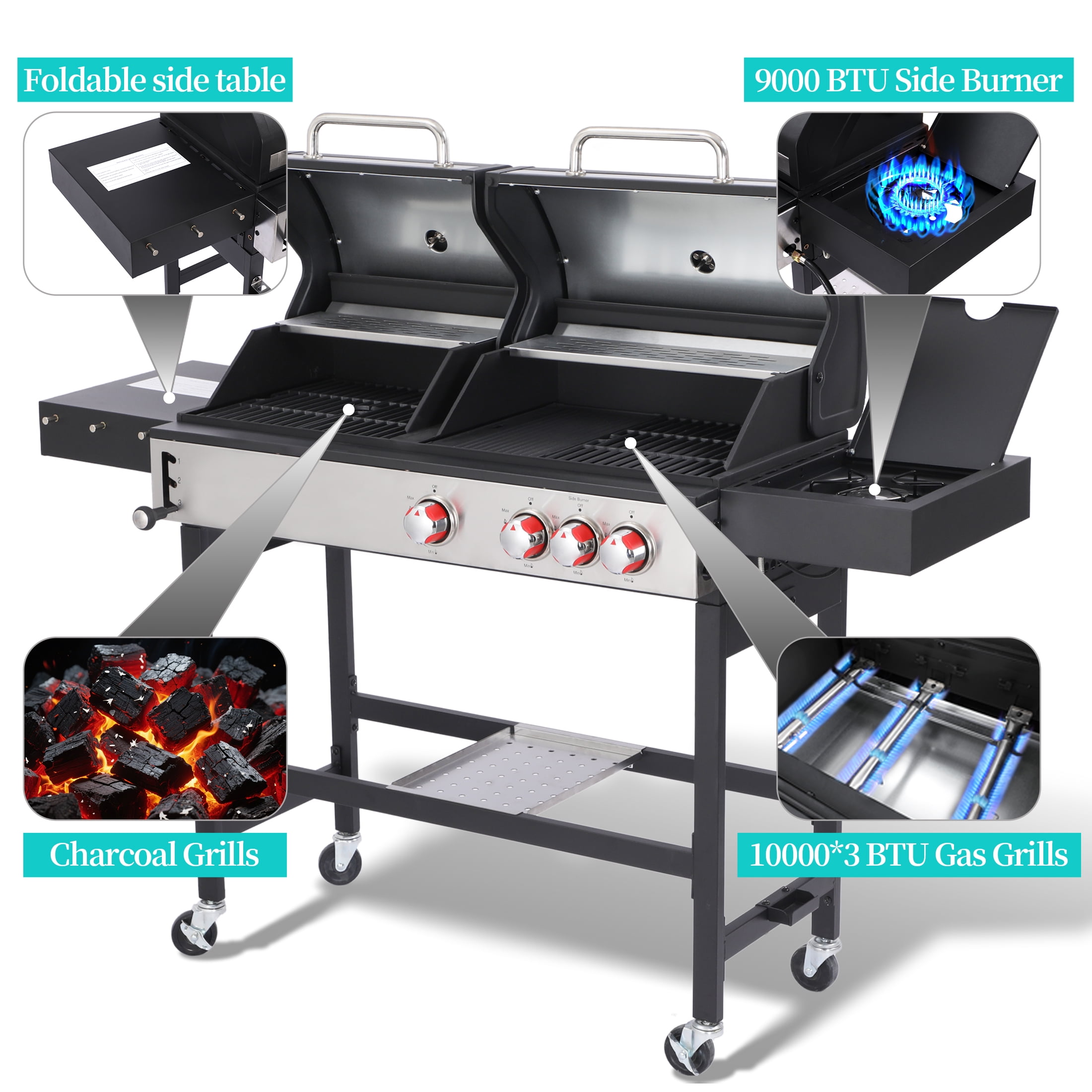 Garden It Dual Fuel Gas and Charcoal Combo Grill with Side Burner (Silver, 673 sq. in. Cooking Space) 1zav0