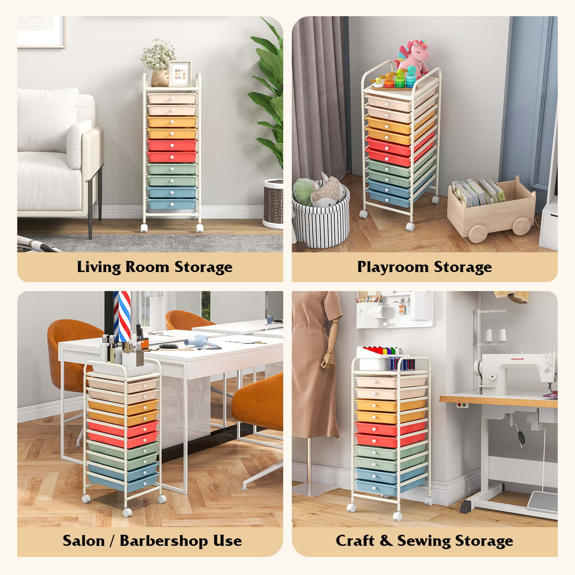 Costway 10 Drawer Rolling Storage Cart Mobile Organizer for Office School and Crafts (Macaron, 13 in x 15 in x 34 in) 5j3gh
