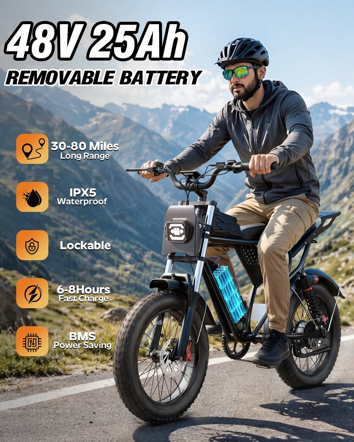Bopzin Electric Mountain Bike for Adults, 1500W Motor, 48V 25Ah Battery, 20 in x 4.0 in Fat Tire E-Bike (Green, 88 lb) 3kiaz