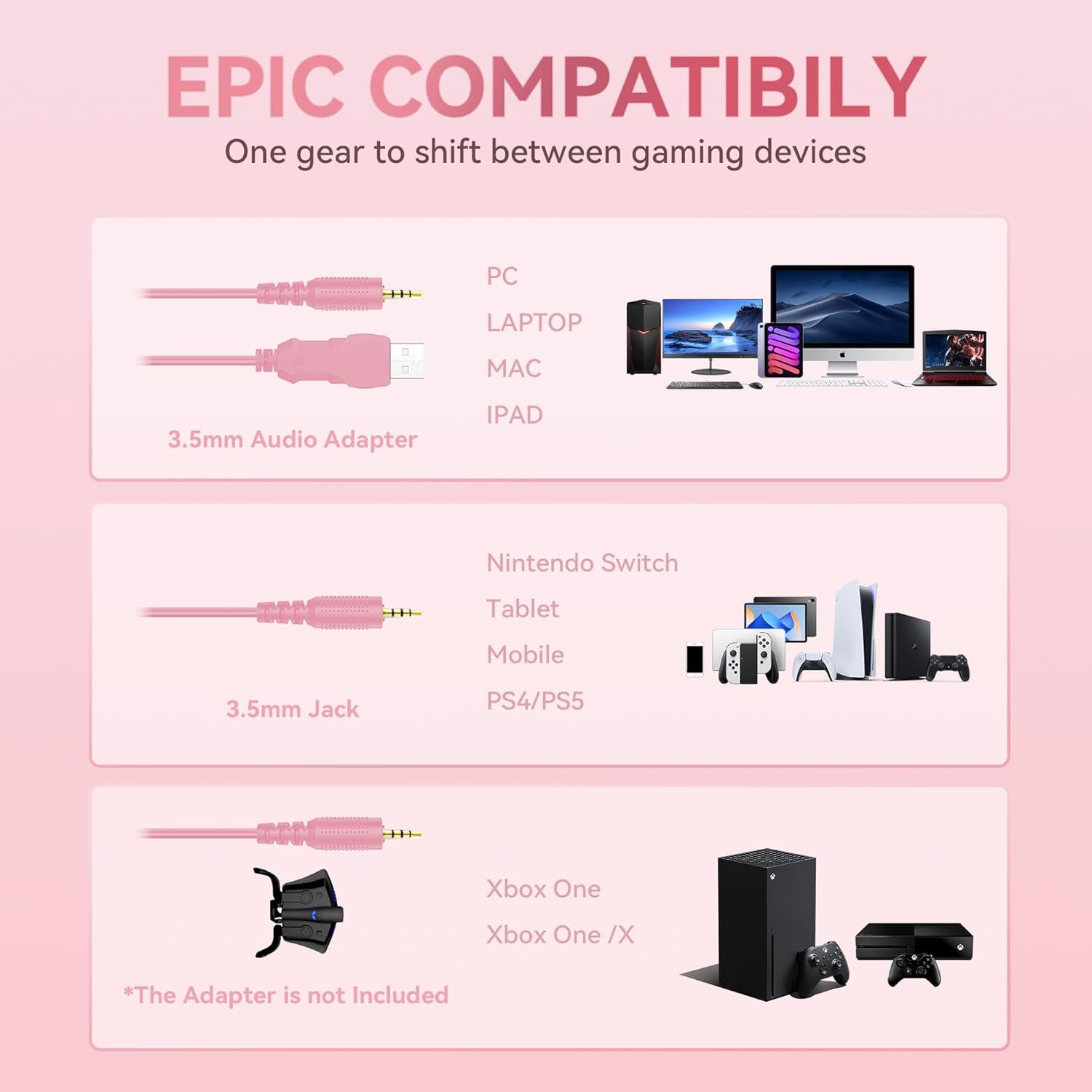 Wantek V10 Cat Ear Gaming Headset with RGB Lighting and Noise-Canceling Microphone (Pink, 7.17 ft) bt2cw
