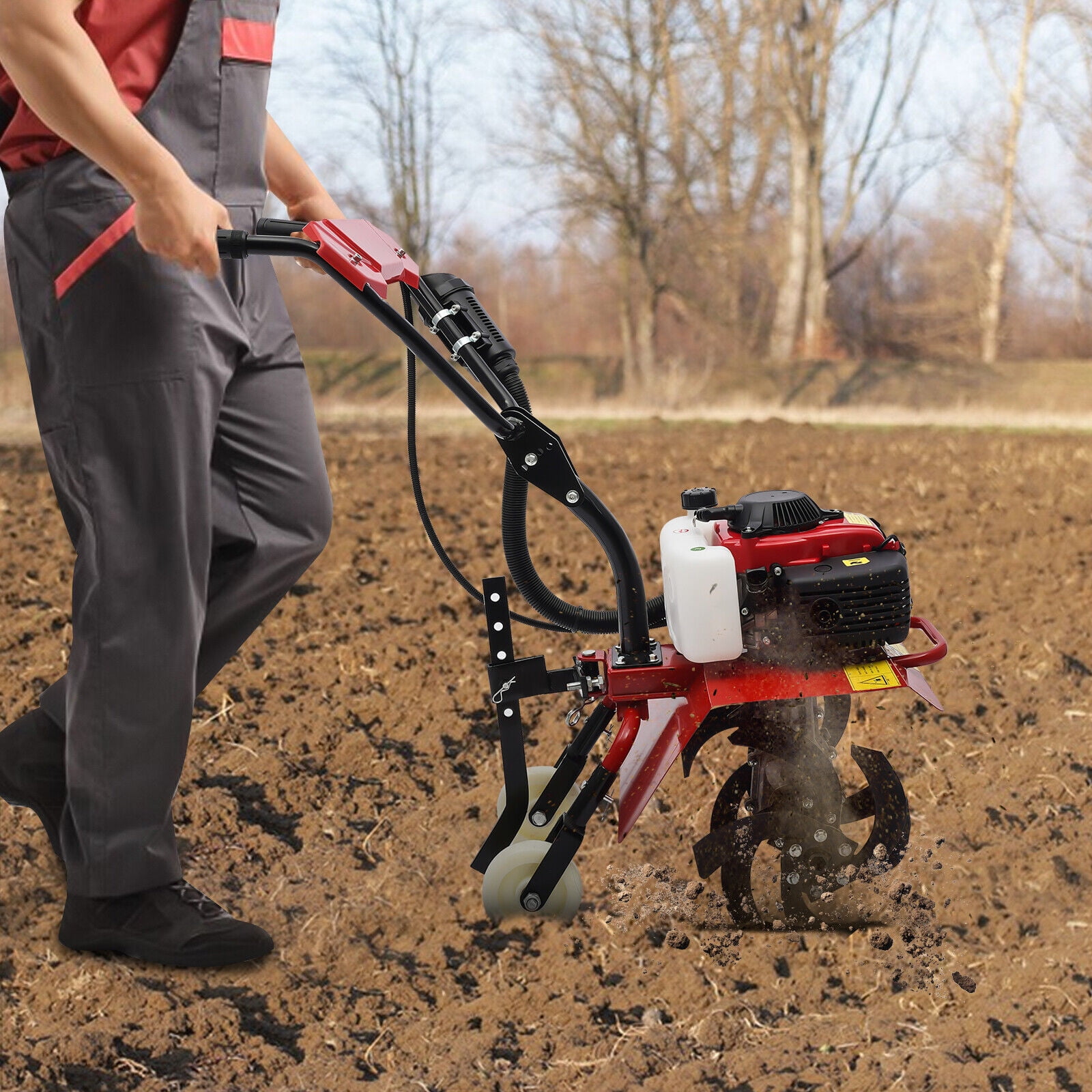 Generic 63cc Gas Powered Tiller Cultivator, Heavy-Duty Garden Soil Rototiller (Red, 13.78 in Width) 847gp