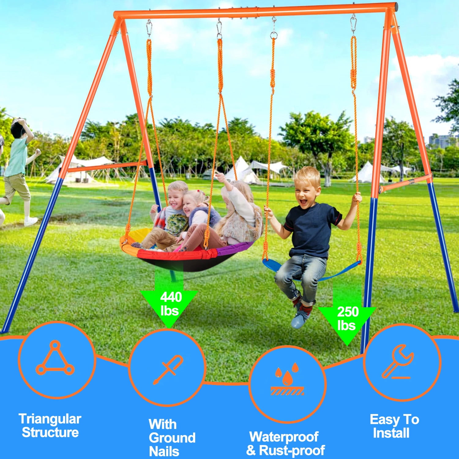 Camkey Heavy Duty Metal Swing Set for Kids with Saucer and Belt Seats (Blue, 440 lb Capacity) n77fa