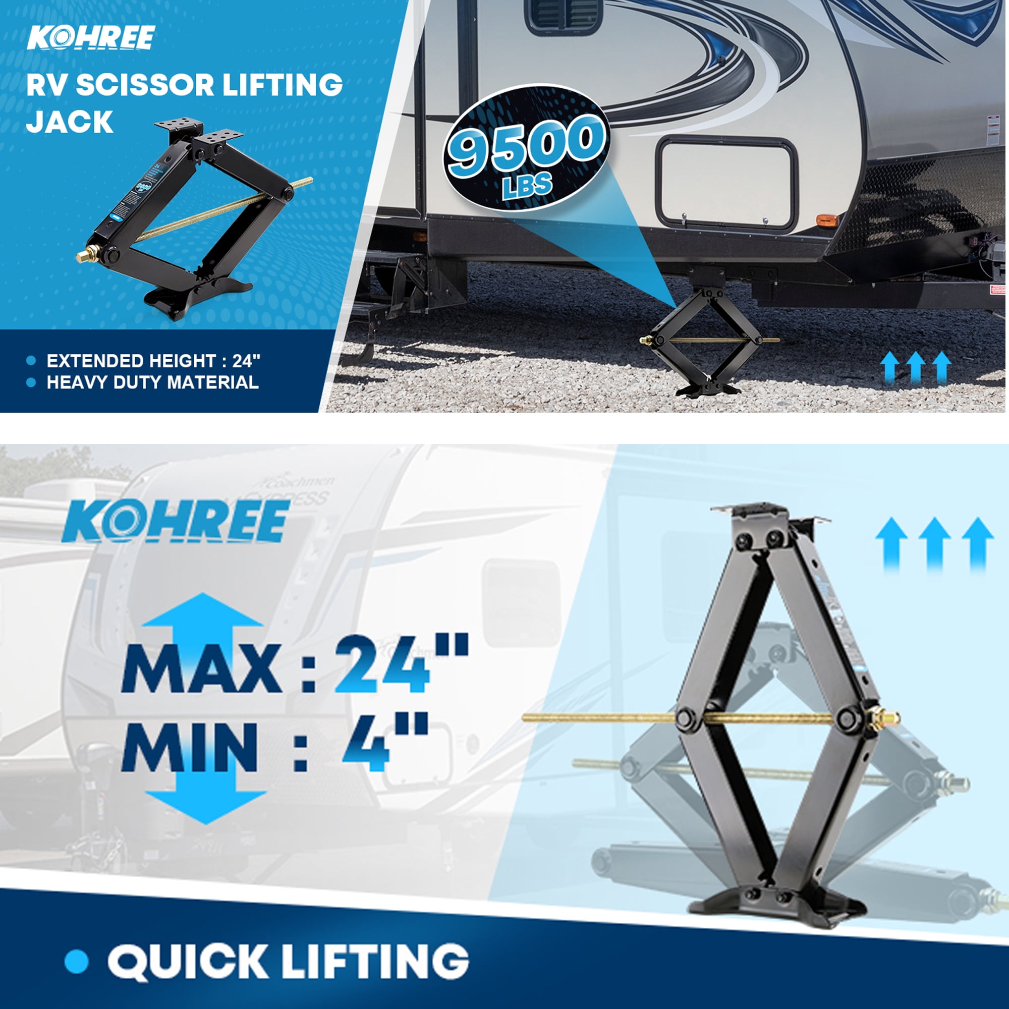 Kohree RV Trailer Stabilizer Scissor Jacks (Black, 9500 lb, Set of 4) di98w
