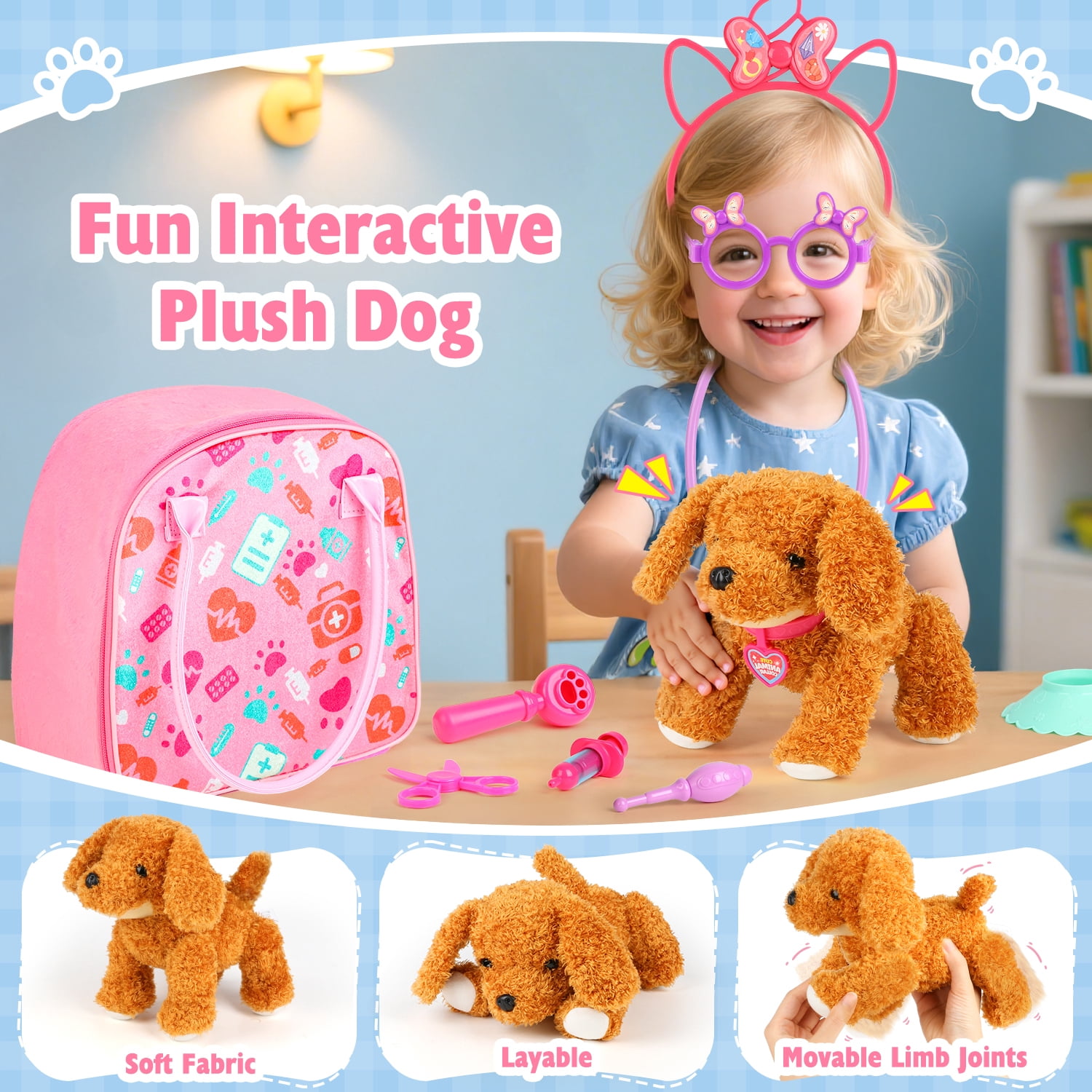 UQN Veterinarian Playset for Kids, Interactive Plush Dog Toy with Medical Tools and Pet Handbag (Pink, 12 Piece Set) 406cj