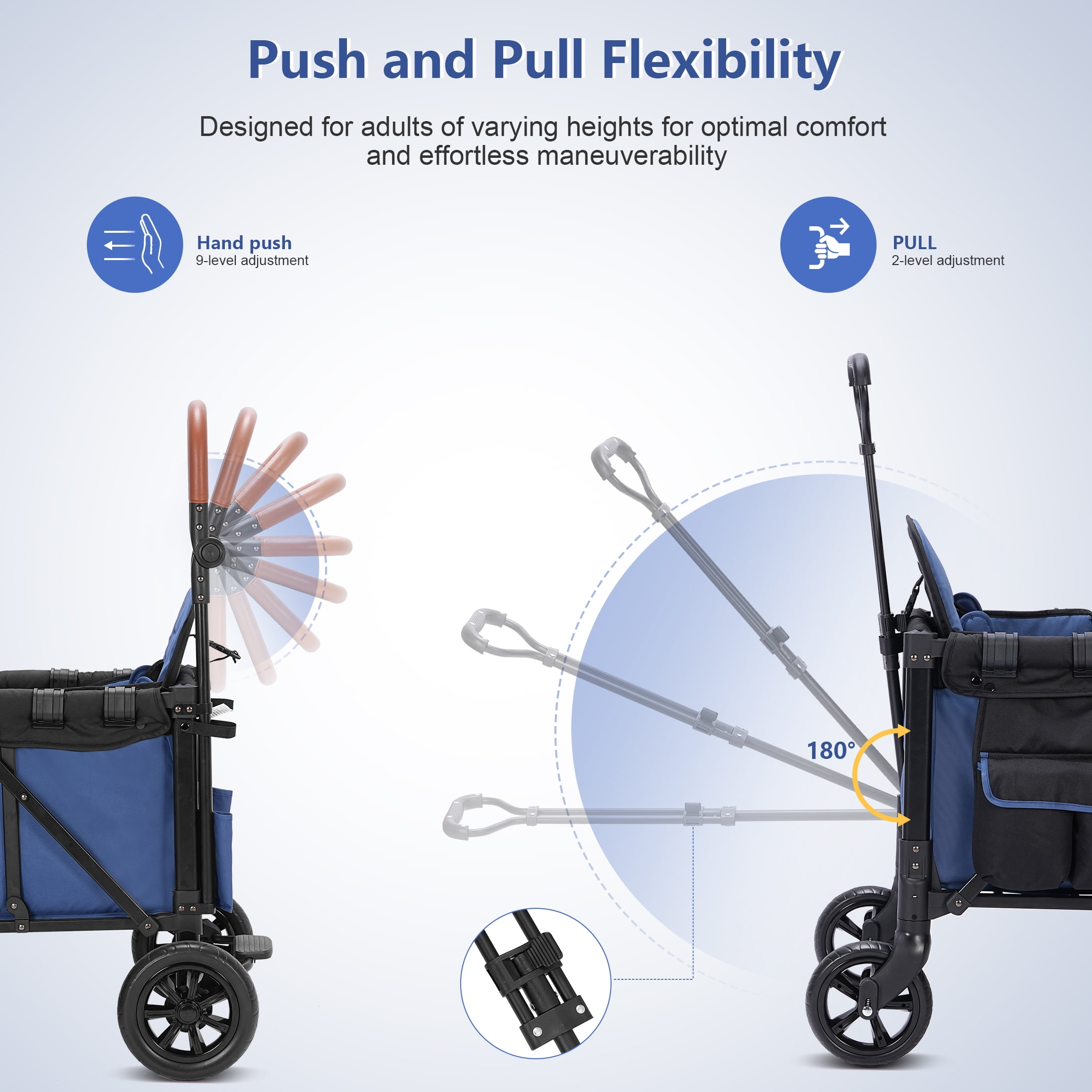 Minikid 2-Seater Wagon Stroller with Canopy and 5-Point Harness (Blue, 38 lb) jnqvp