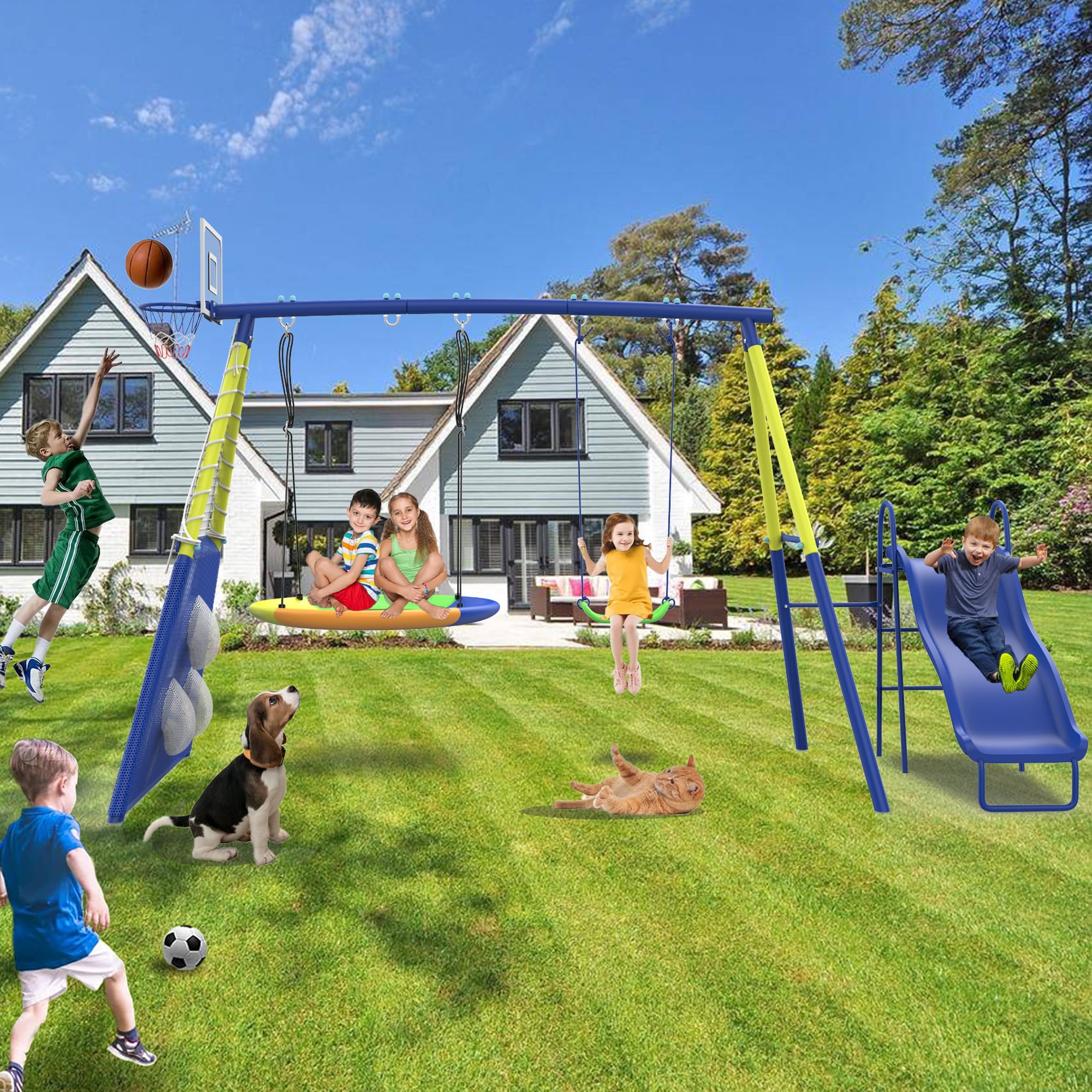 Shengchao Trade Metal Kids Swing Set with Heavy-Duty Outdoor A-Frame (Blue, 136 in x 67.7 in x 75 in) in0sb